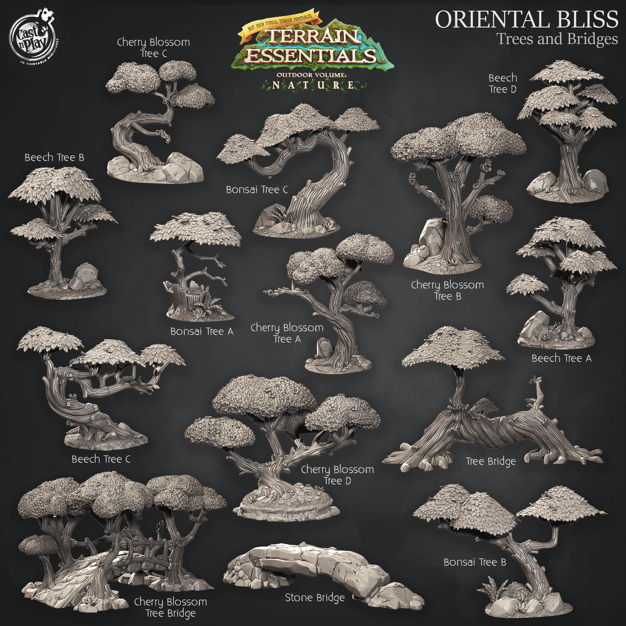 3D Printed Cast n Play Oriental Bliss Trees and Bridges Terrain Set Terrain Essentials Nature 28mm 32mm D&D