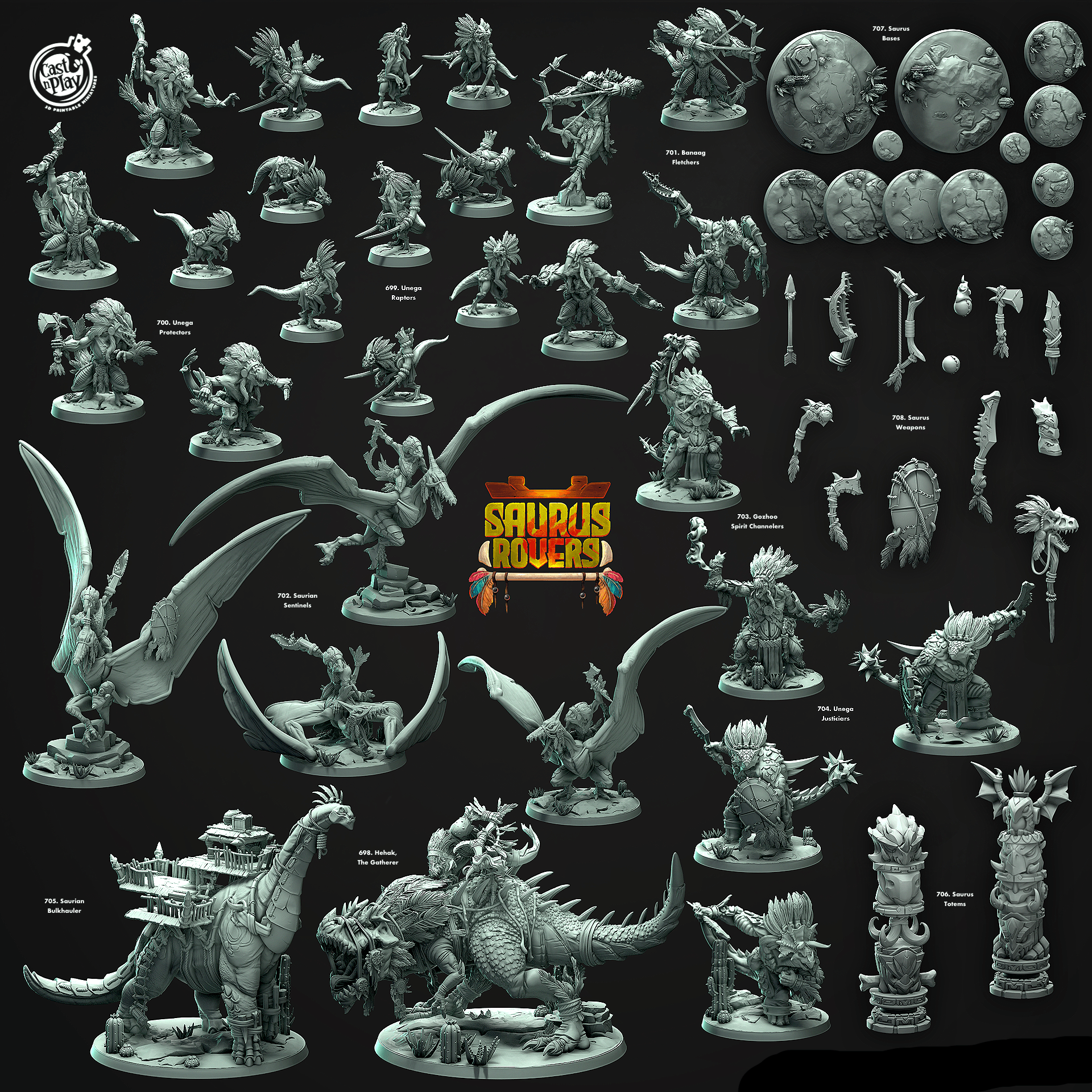 3D Printed Cast n Play Saurus Bases Saurus Rovers Set 28mm 32mm D&D