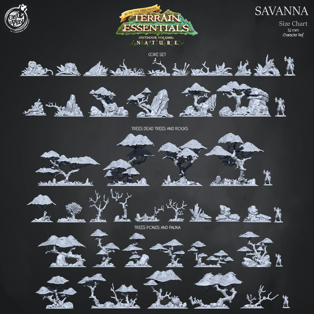 3D Printed Cast n Play Savanna Core Set Savanna Terrain Set Terrain Essentials Nature 28mm 32mm D&D