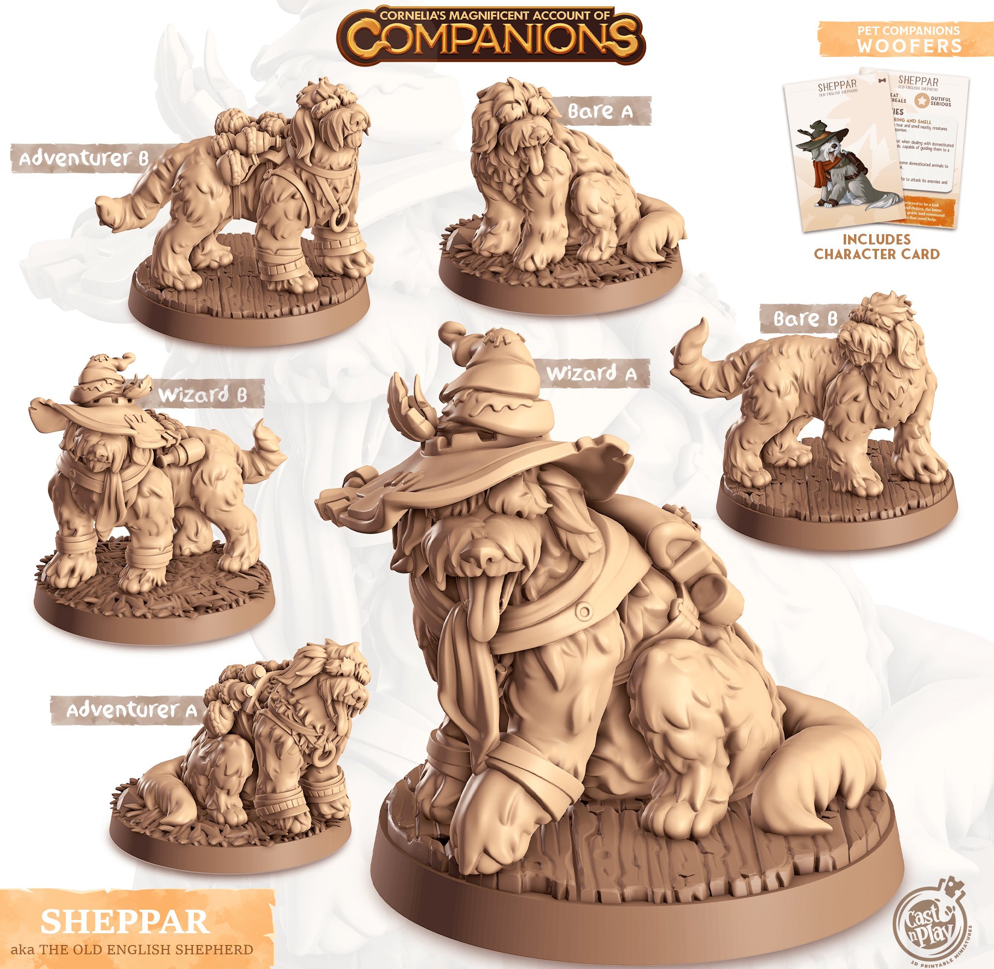 3D Printed Cast n Play Sheppar - Old English Shepherd Companions 28mm 32mm D&D