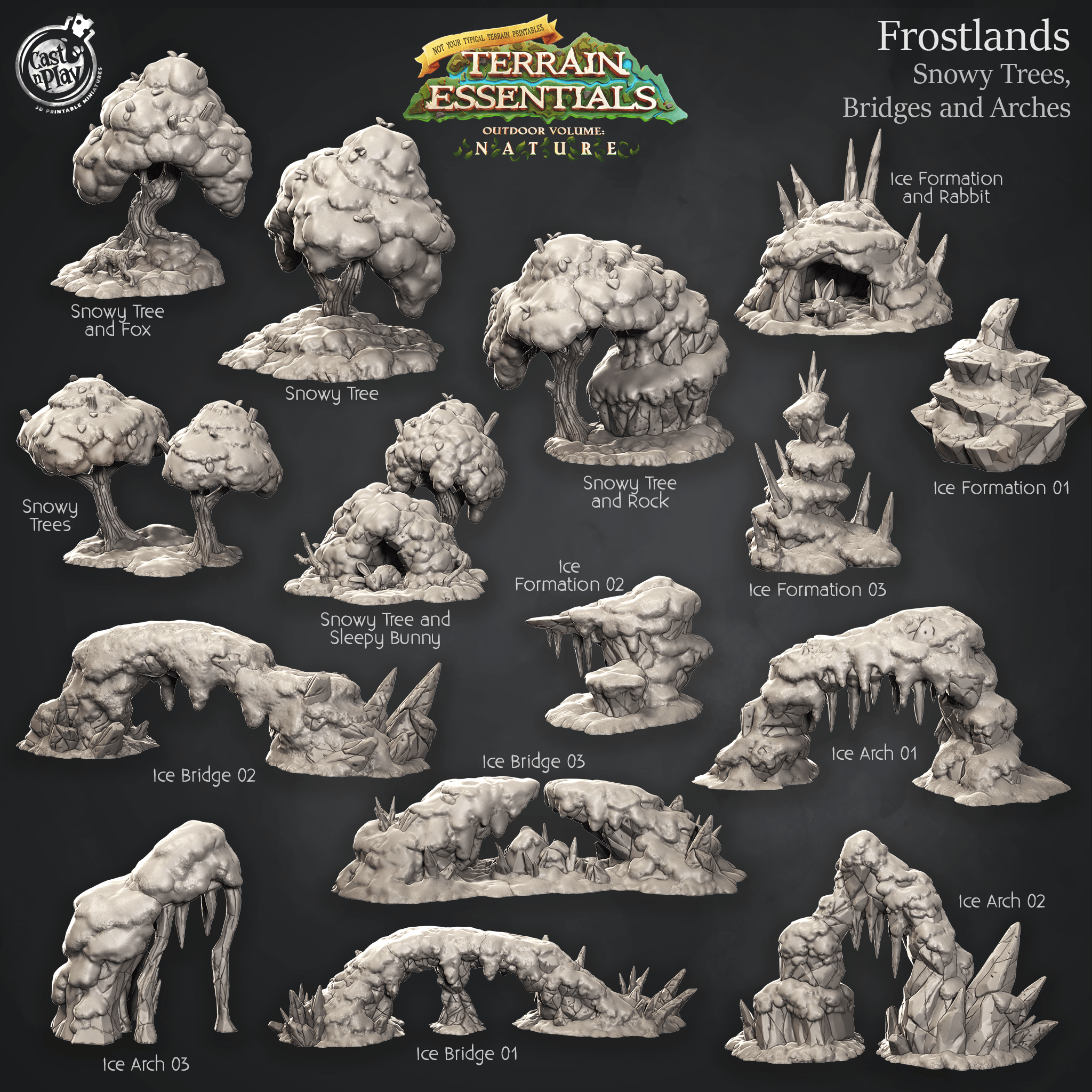 3D Printed Cast n Play Snowy Trees, Bridges and Arches Frostlands Terrain Set Terrain Essentials Nature 28mm 32mm D&D