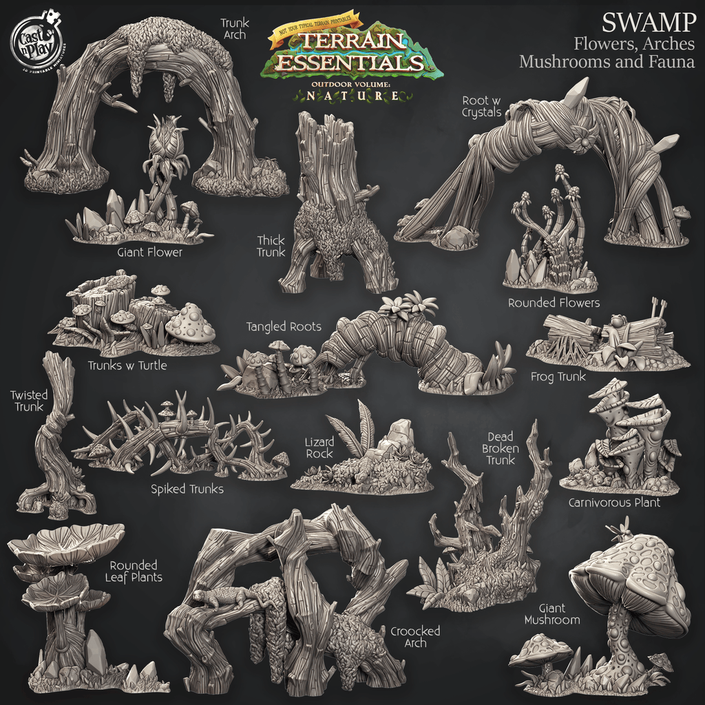 3D Printed Cast n Play Swamp Terrain Flowers, Arches, Mushrooms and Fauna Set Terrain Essentials Nature 28mm 32mm D&D