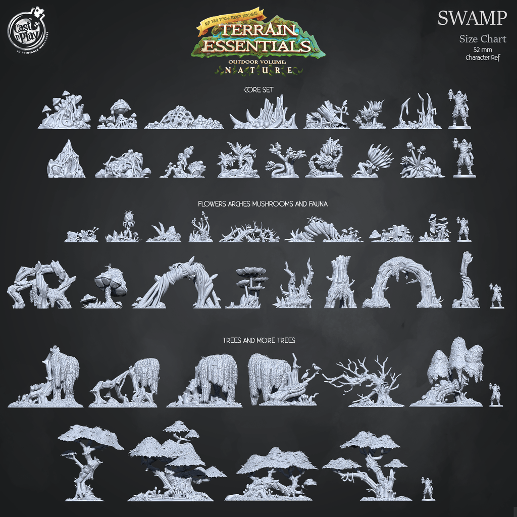 3D Printed Cast n Play Swamp Terrain Flowers, Arches, Mushrooms and Fauna Set Terrain Essentials Nature 28mm 32mm D&D