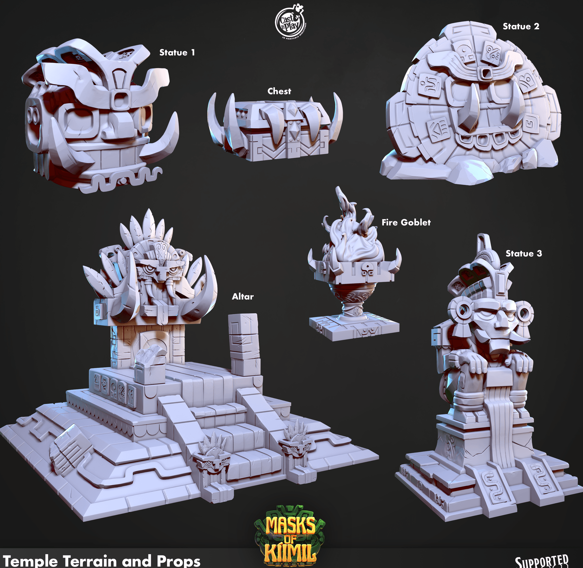 3D Printed Cast n Play Temple Terrain and Props Masks of Kiimil 28 32mm D&D