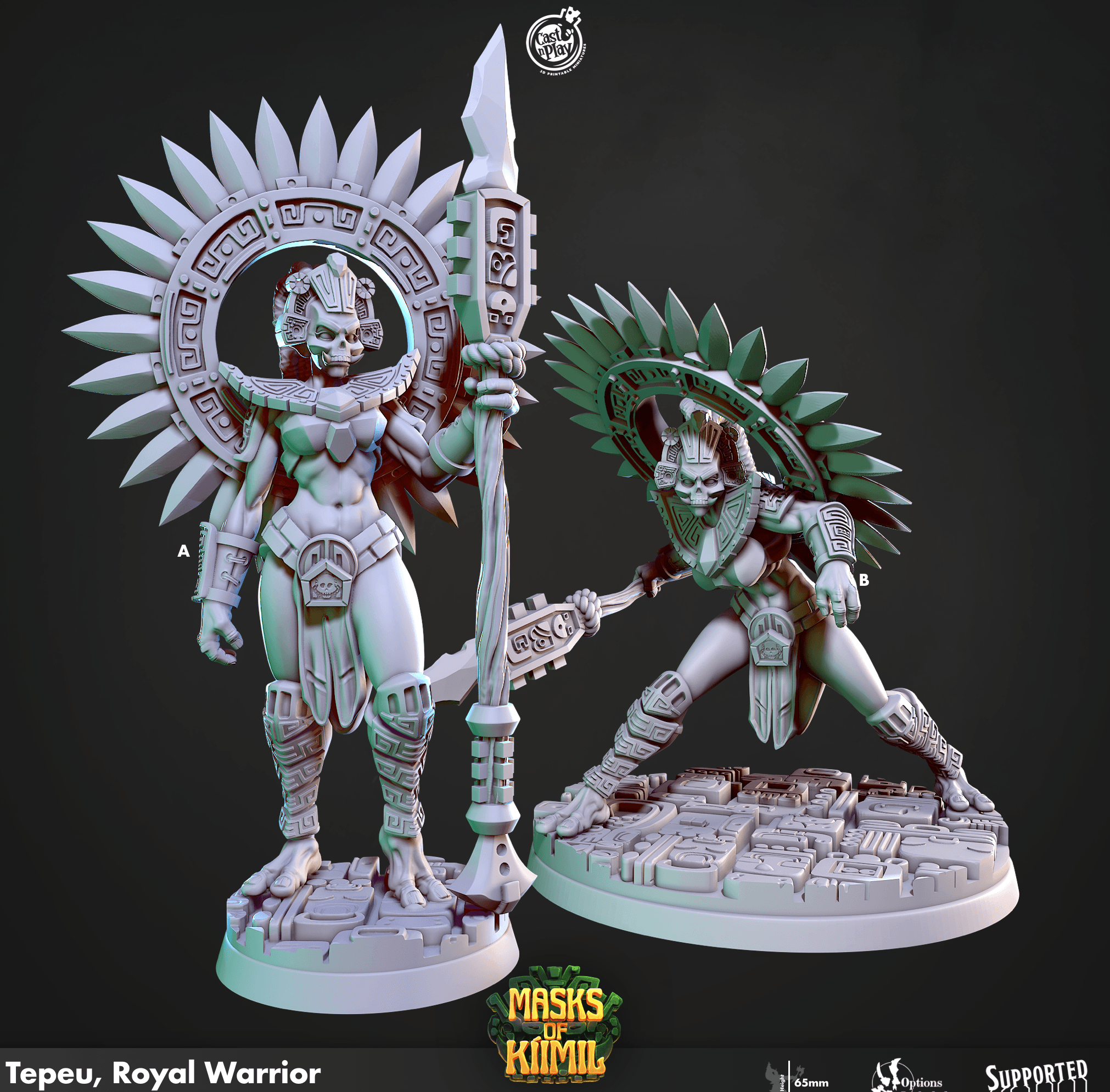 3D Printed Cast n Play Tepeu, Royal Warrior Masks of Kiimil 28 32mm D&D