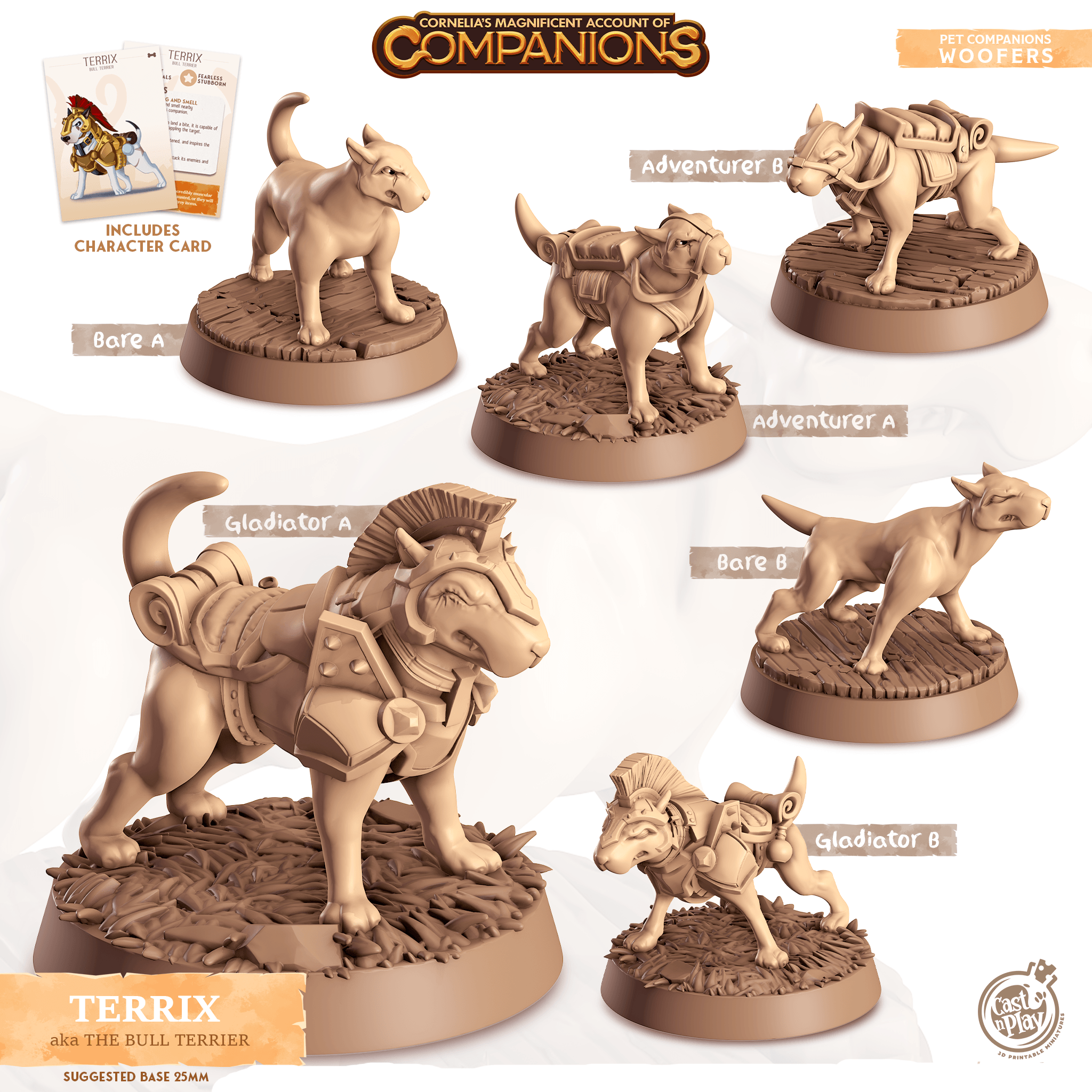 3D Printed Cast n Play Terrix - Bull Terrier Companions 28mm 32mm D&D