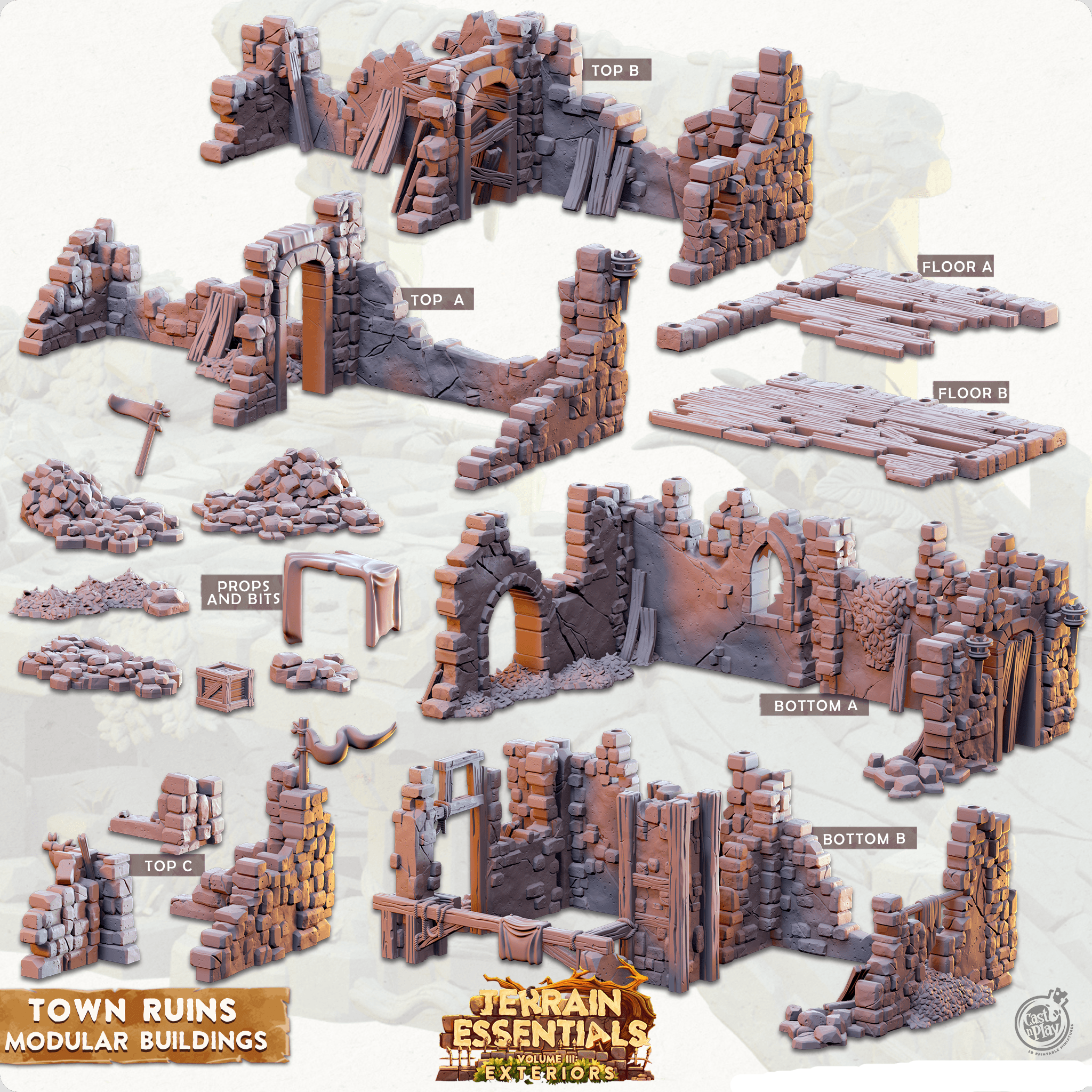 3D Printed Cast n Play Town - Town Ruins Modular Buildings Set 28mm 32mm D&D