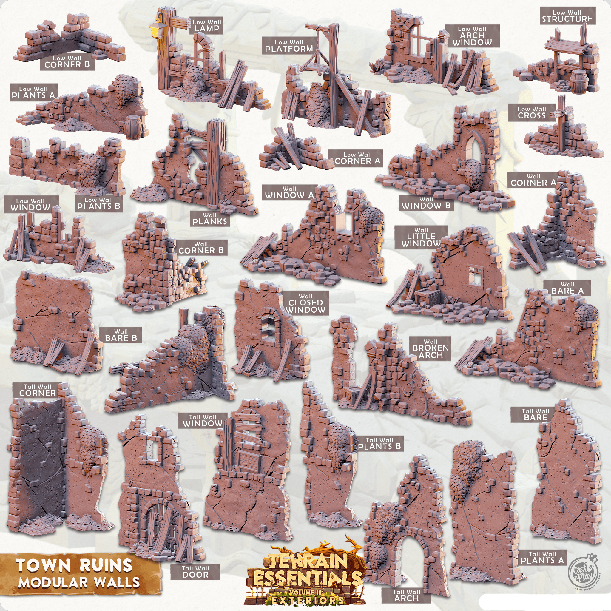 3D Printed Cast n Play Town - Town Ruins Modular Walls Set 28mm 32mm D&D