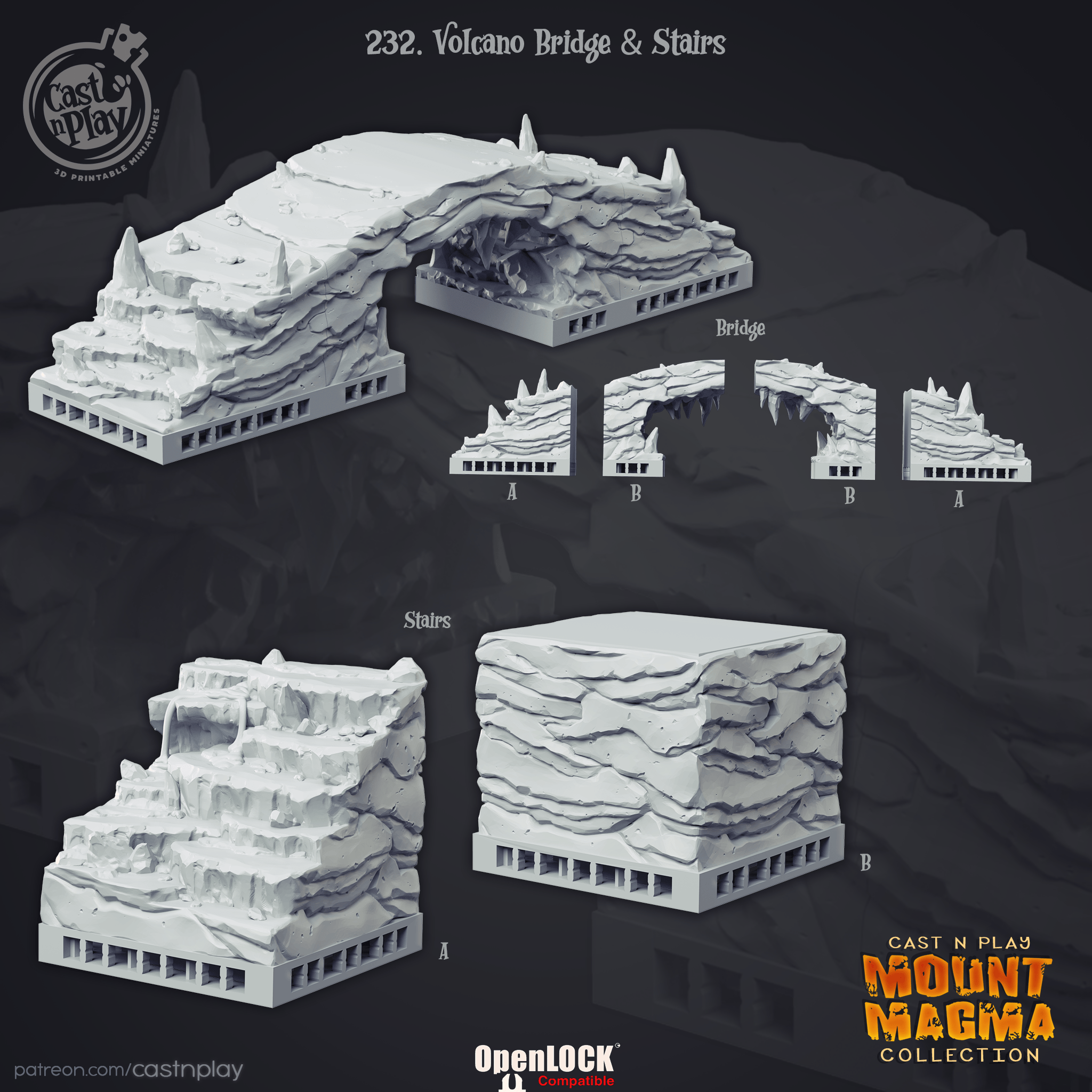 3D Printed Cast n Play Volcano Bridge and Stairs Mount Magma 28mm 32mm D&D