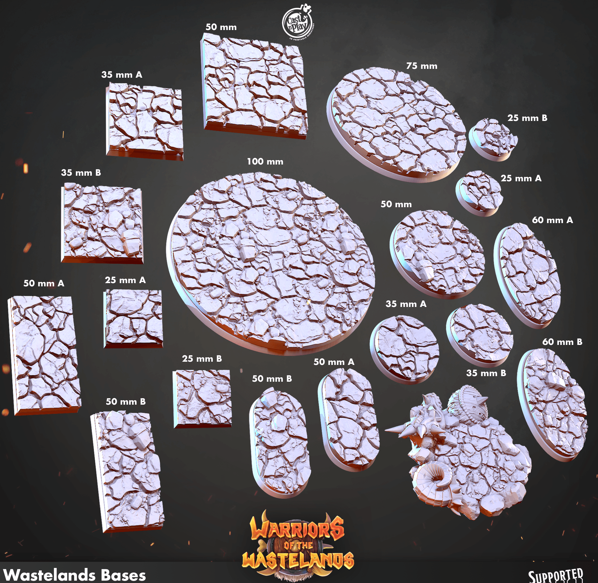 3D Printed Cast n Play Wastelands Bases Warriors of the Wastelands 28mm 32mm D&D