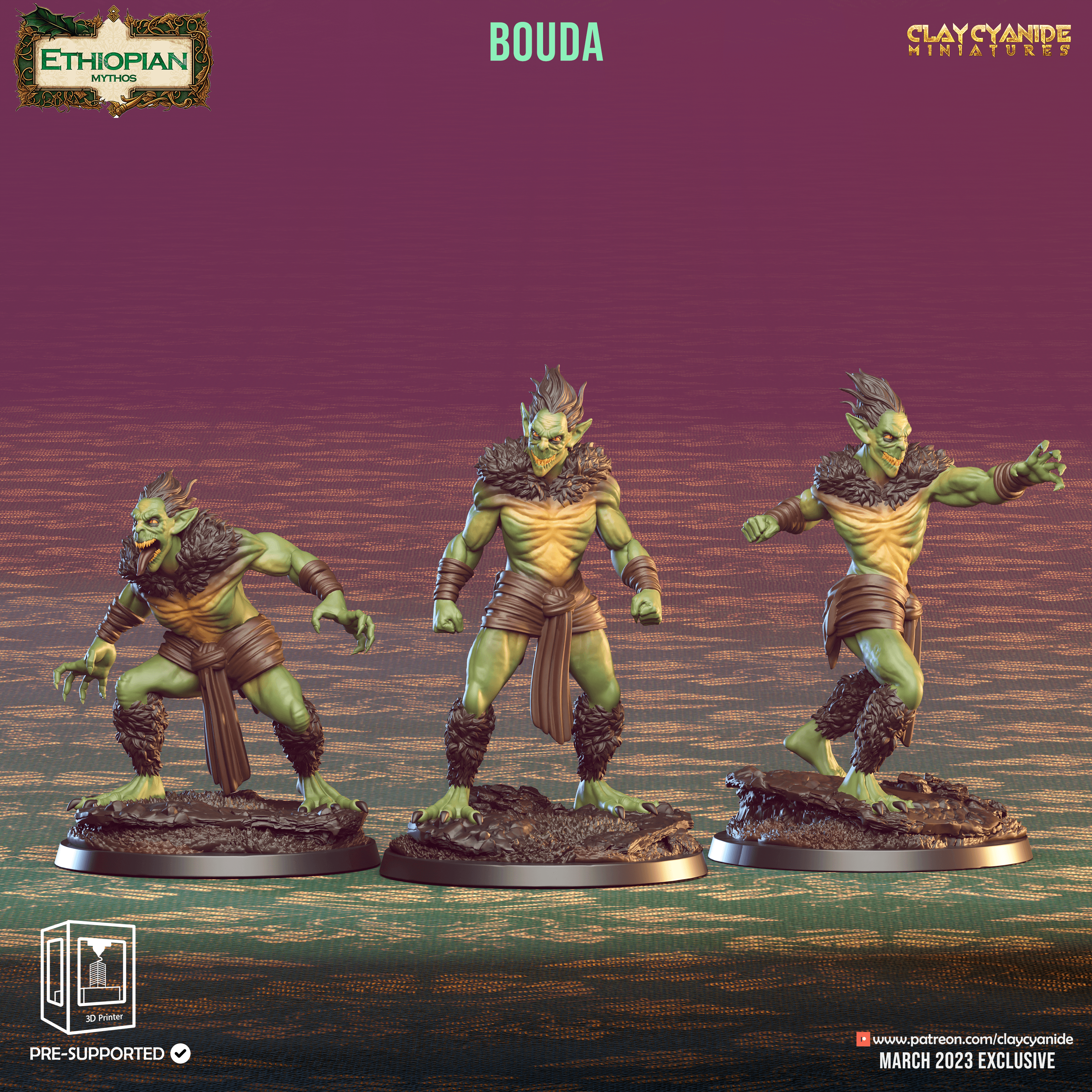 3D Printed Clay Cyanide Bouda Ethiopian Mythos 28 32 mm D&D