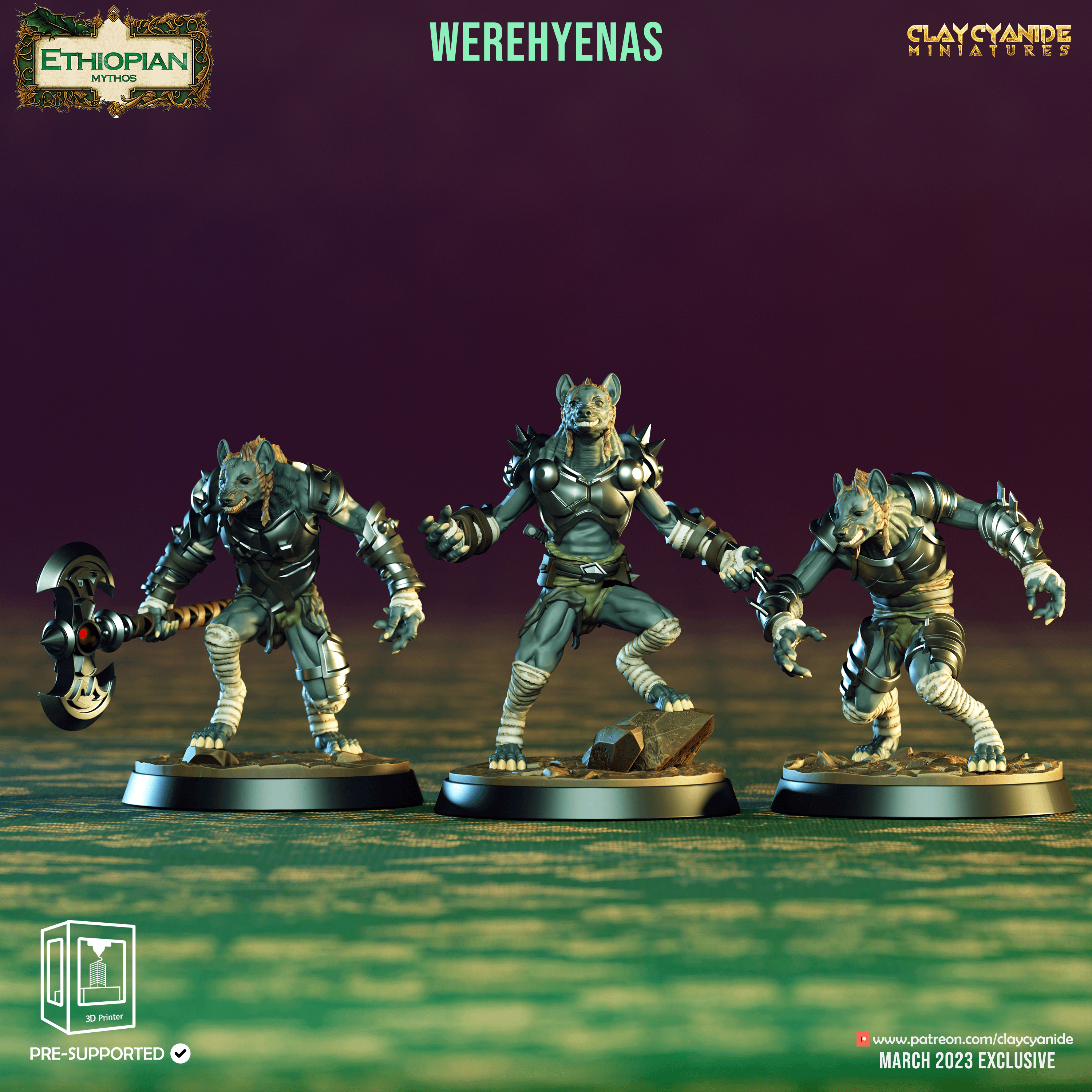 3D Printed Clay Cyanide Werehyenas Ethiopian Mythos 28 32 mm D&D