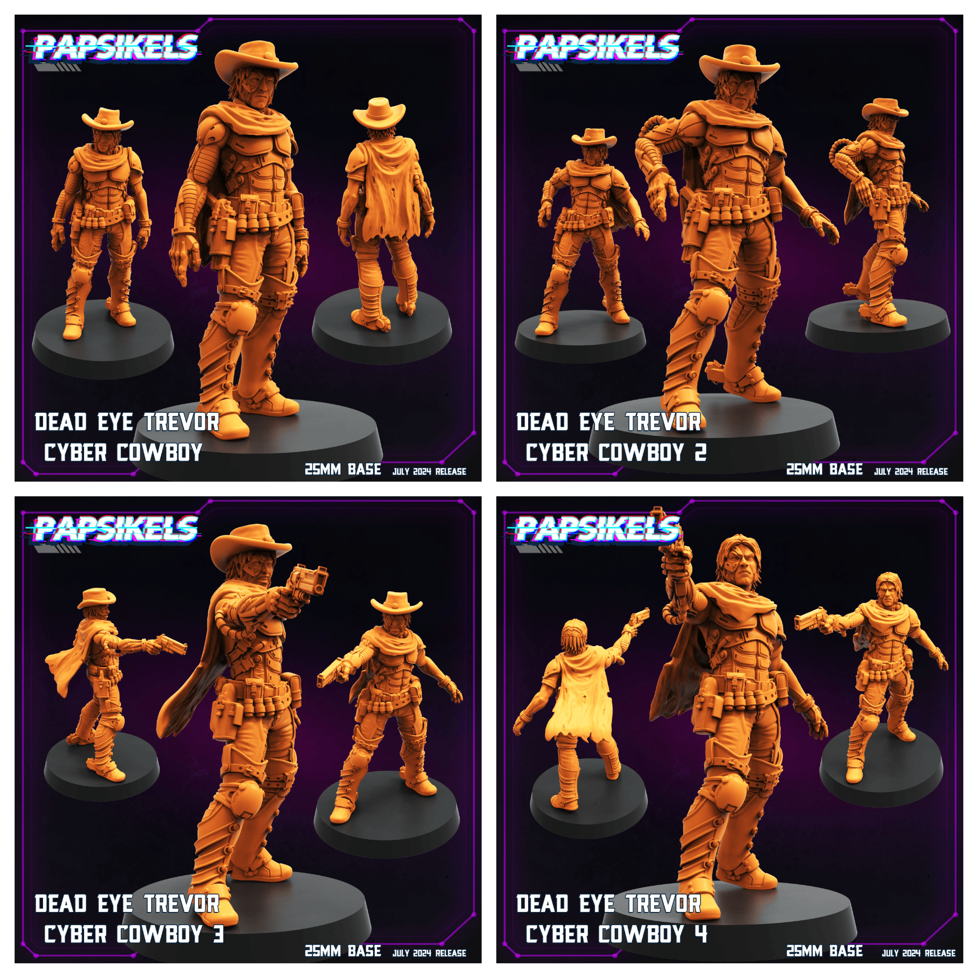 3D Printed Papsikels Dead Eye Trevor Cyber Cowboy Set July 2024 Cyberpunk 28mm 32mm