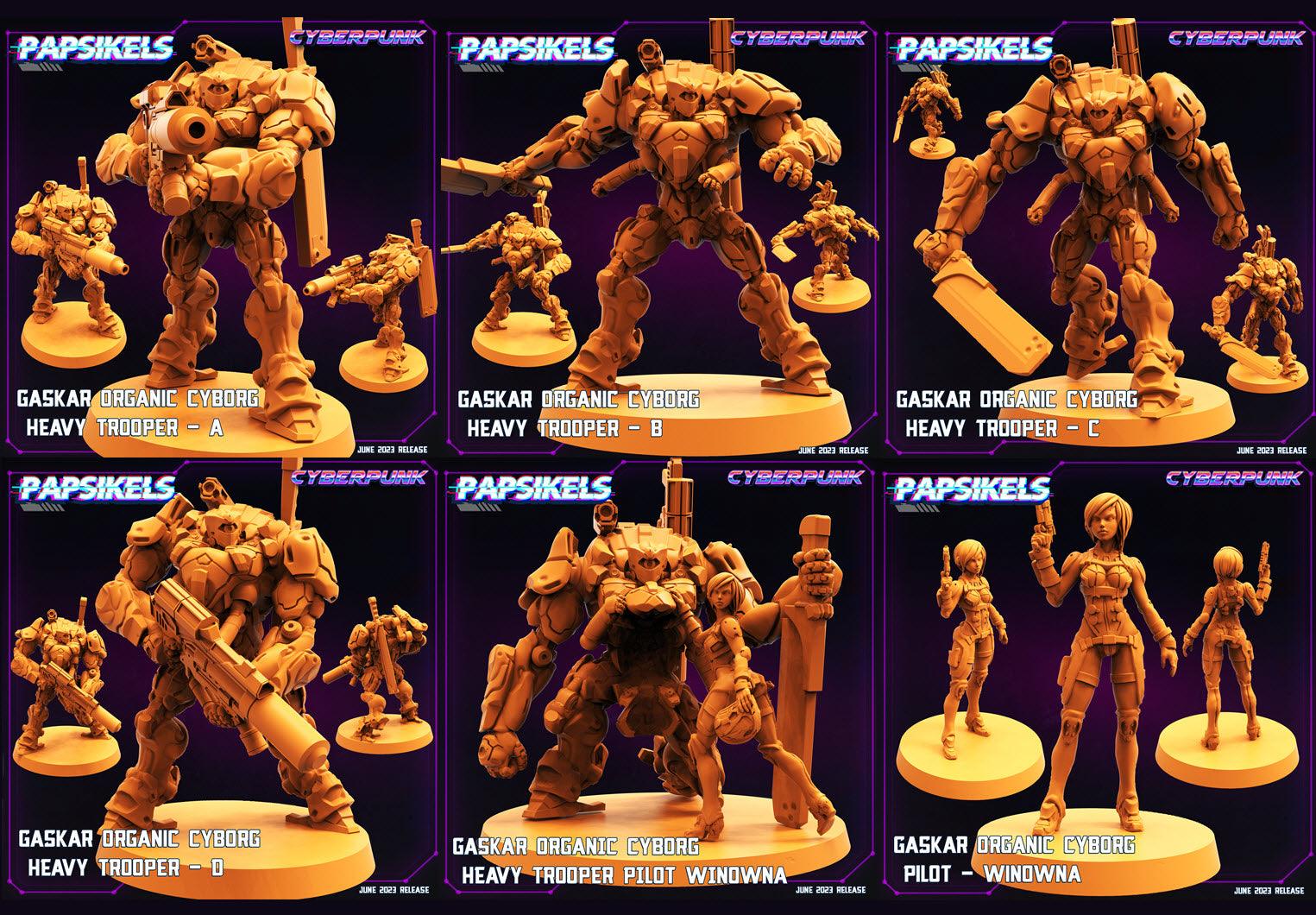 3D Printed Papsikels June 2023 Cyberpunk Gaskar Organic Cyborg Heavy Trooper Set 28mm 32mm