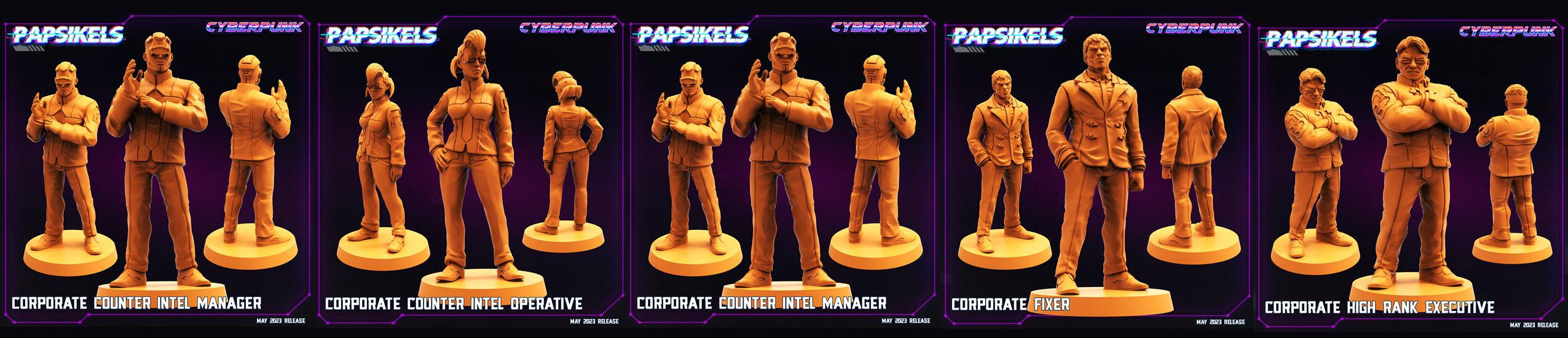 3D Printed Papsikels May 2023 Cyberpunk Corporate Counter Intel Set 28mm 32mm