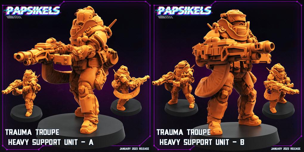 3D Printed Papsikels Trauma Troupe Heavy Support Unit Set January 2024 Cyberpunk 28mm 32mm