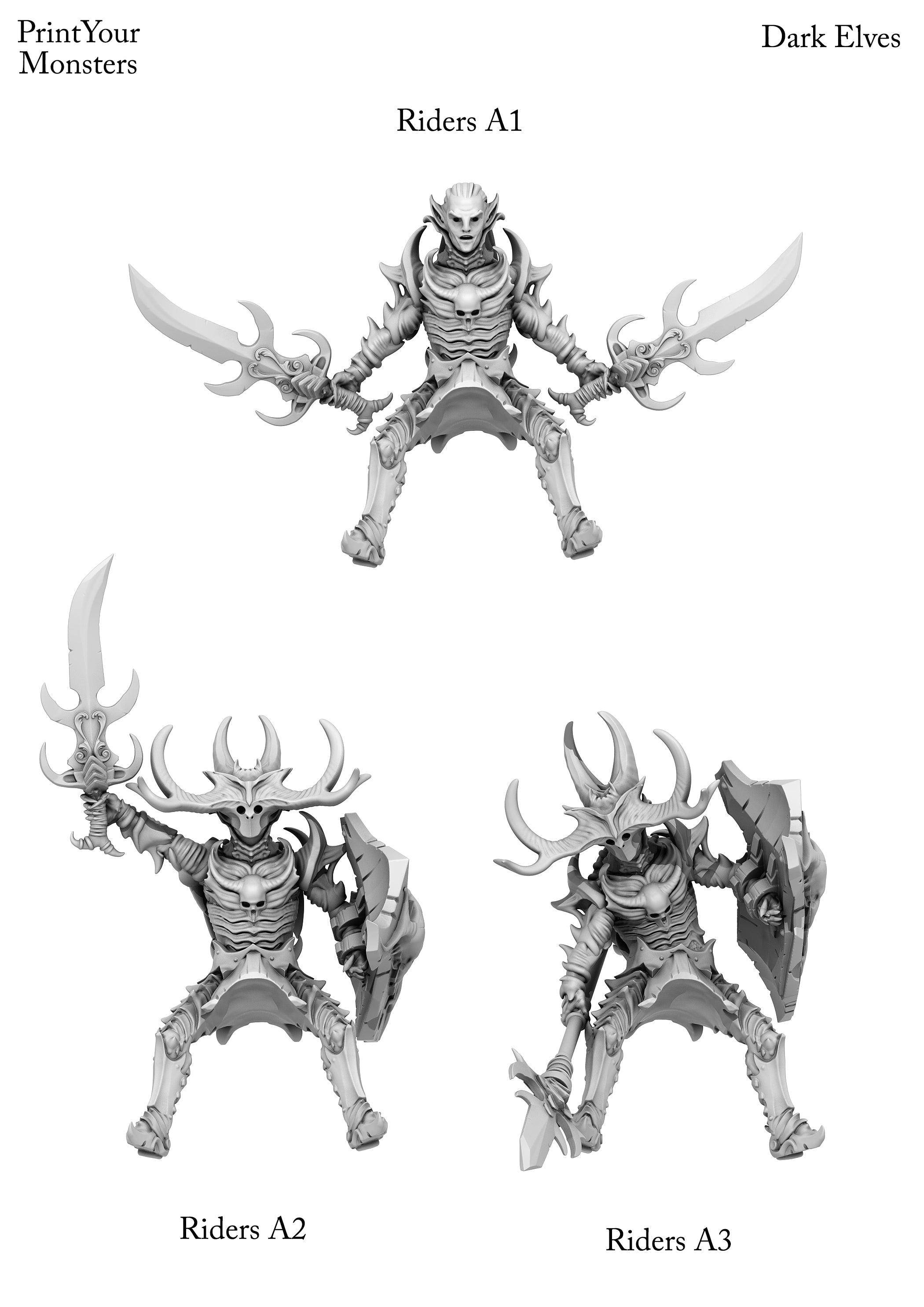 3D Printed Print Your Monsters Dark Elves Rider Set A 28mm - 32mm D&D Wargaming