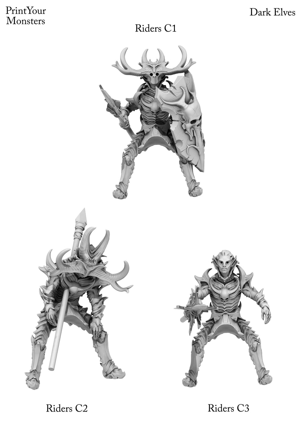 3D Printed Print Your Monsters Dark Elves Rider Set C 28mm - 32mm D&D Wargaming