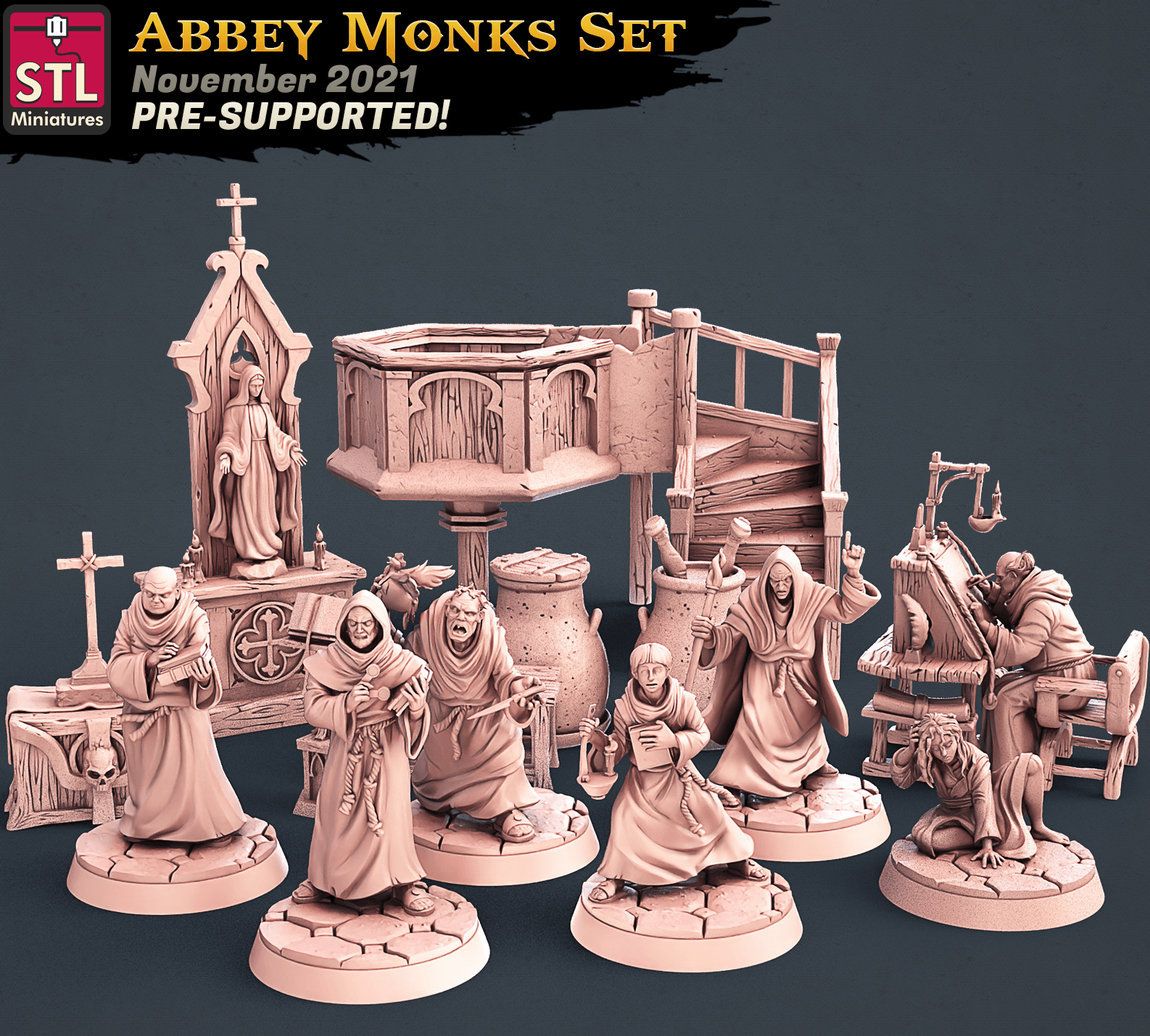 3D Printed STL Miniatures Abbey Monks Set 28 - 32mm War Gaming D&D