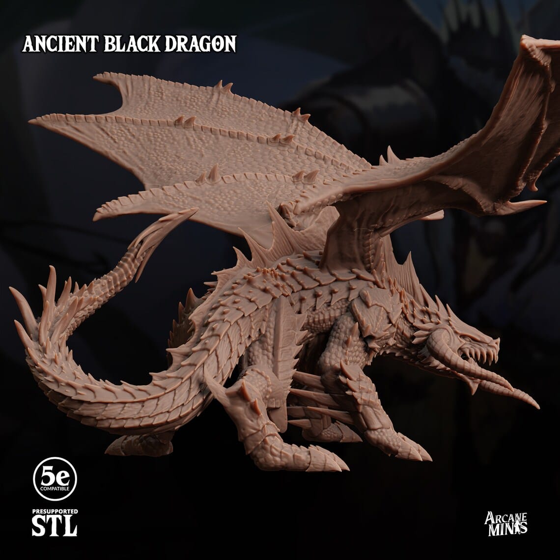 3D Printed Sordane Publishing Ancient Black Dragon 28 32mm D&D