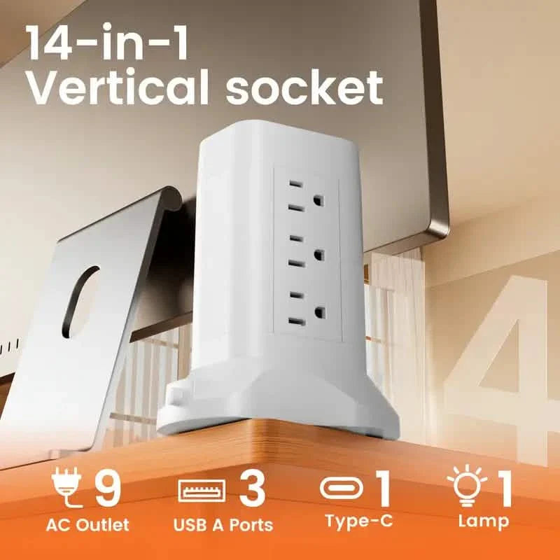 14-in-1 Power Strip Tower with 4 USB Ports & 9 AC Outlets, 10ft Extension Cable, Adjustable 3-Color Night Light