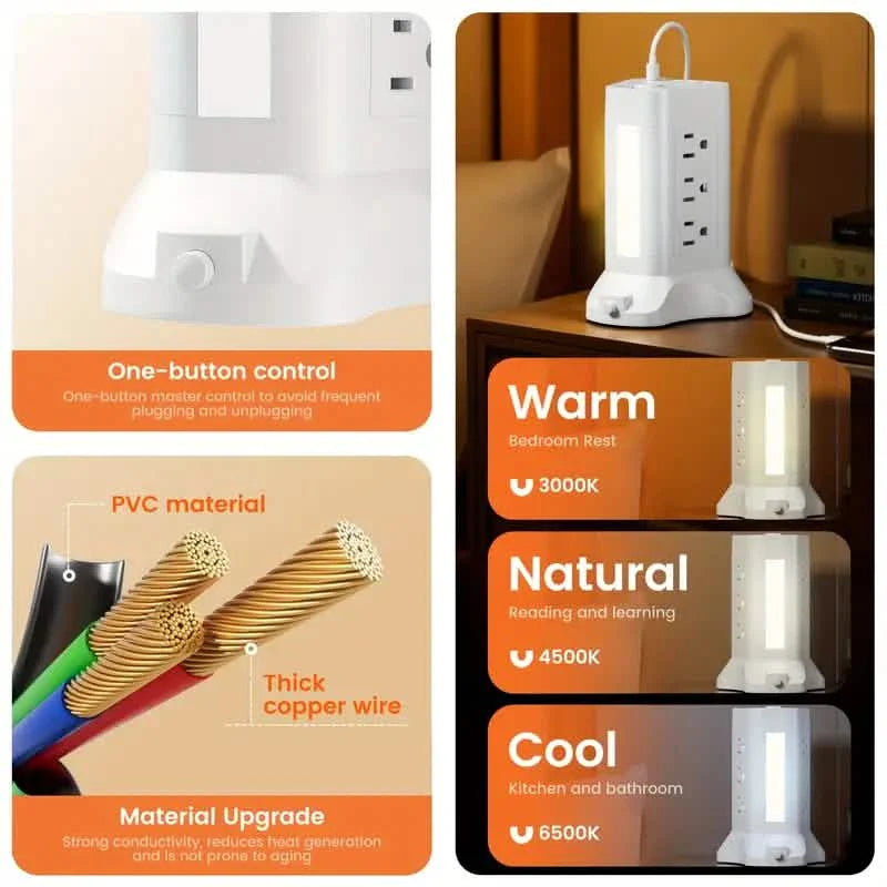 14-in-1 Power Strip Tower with 4 USB Ports & 9 AC Outlets, 10ft Extension Cable, Adjustable 3-Color Night Light