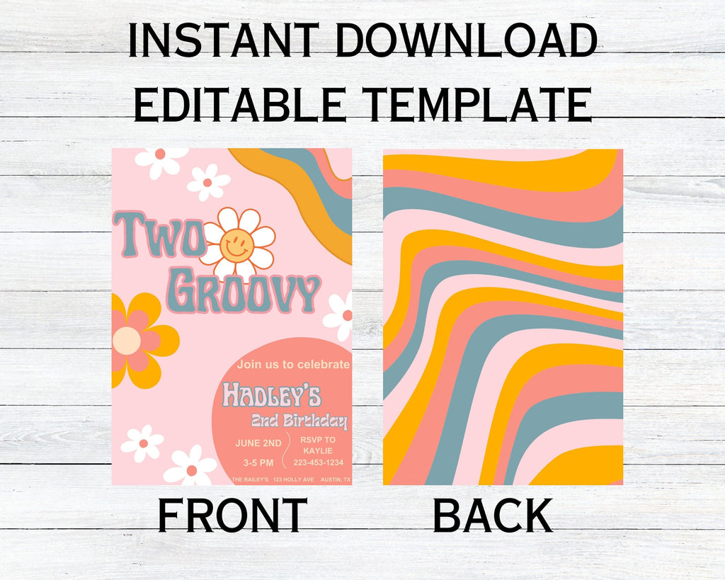 Two Groovy Birthday Invitation: Retro Hippie Invite (Digital Download) Editable Template