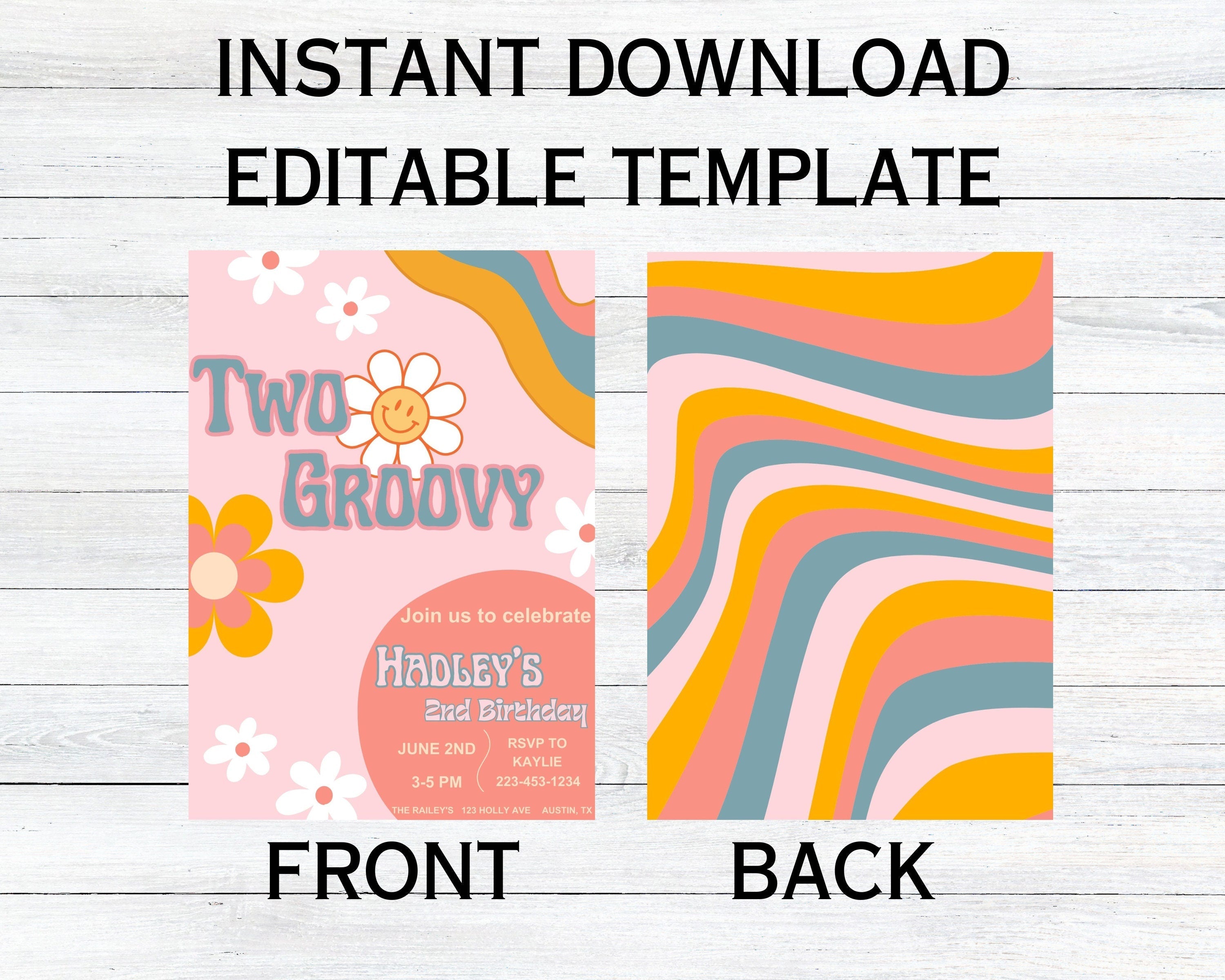 Two Groovy Birthday Invitation: Retro Hippie Invite (Digital Download) Editable Template