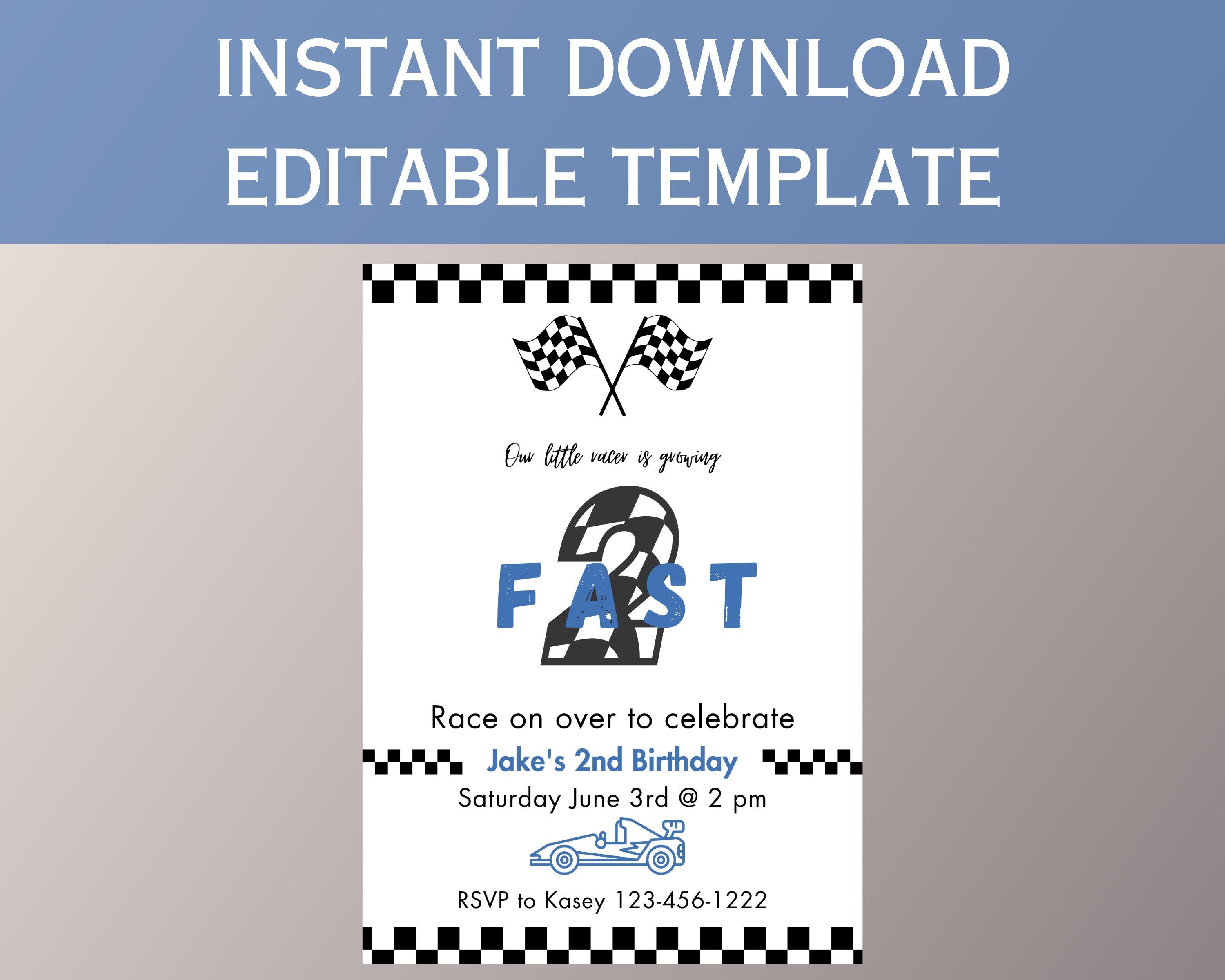 Two Fast Birthday Invitation: Race Car Theme, 2nd Birthday (Digital Download)