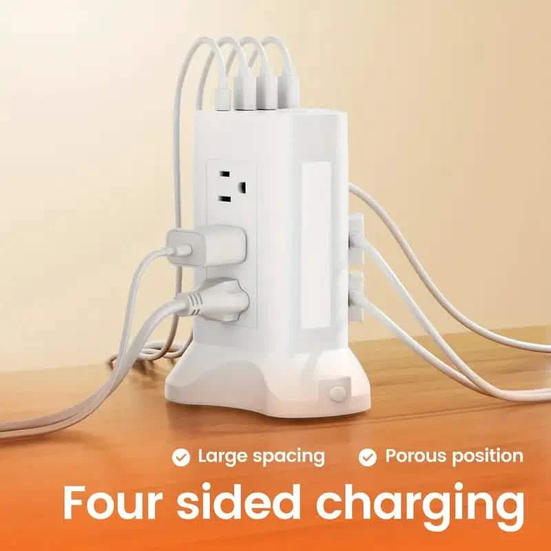 14-in-1 Power Strip Tower with 4 USB Ports & 9 AC Outlets, 10ft Extension Cable, Adjustable 3-Color Night Light