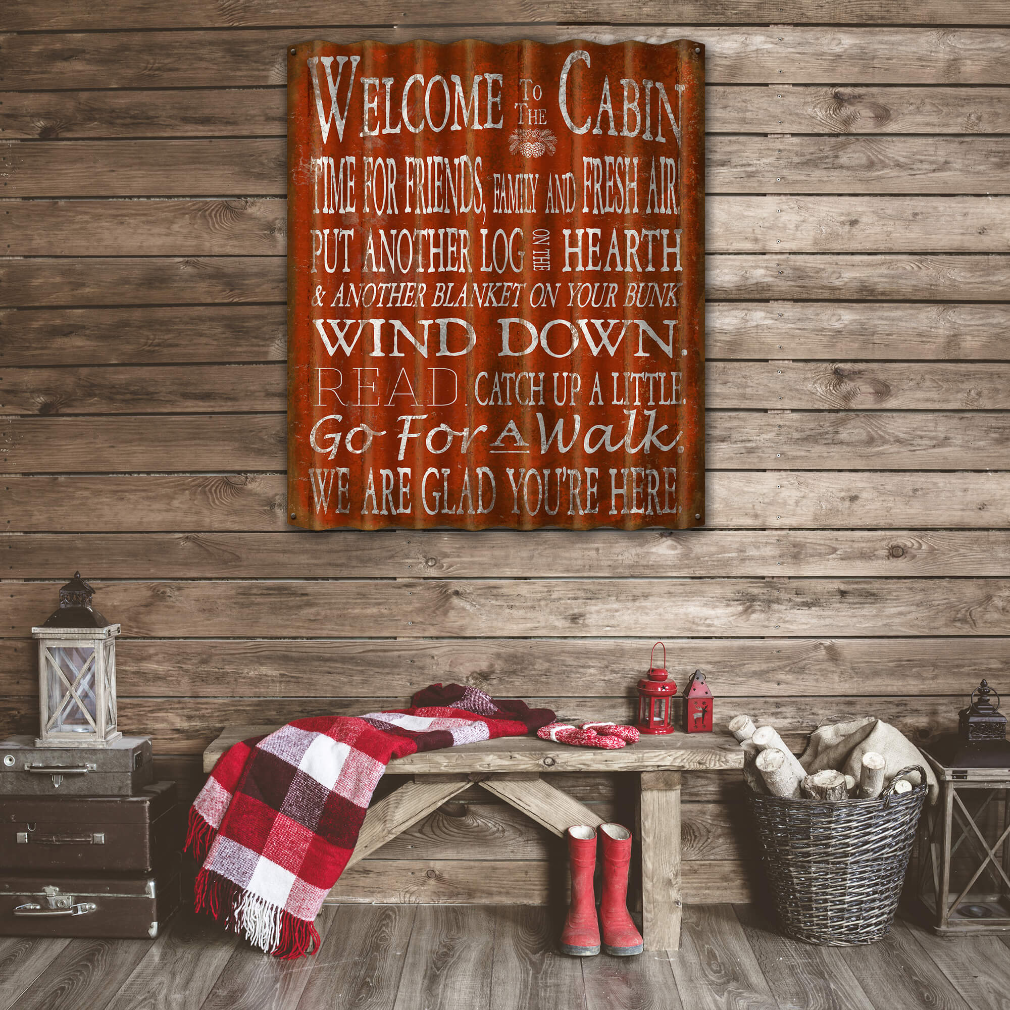 Welcome to the Cabin: 1 Line - Corrugated Metal Wall Art