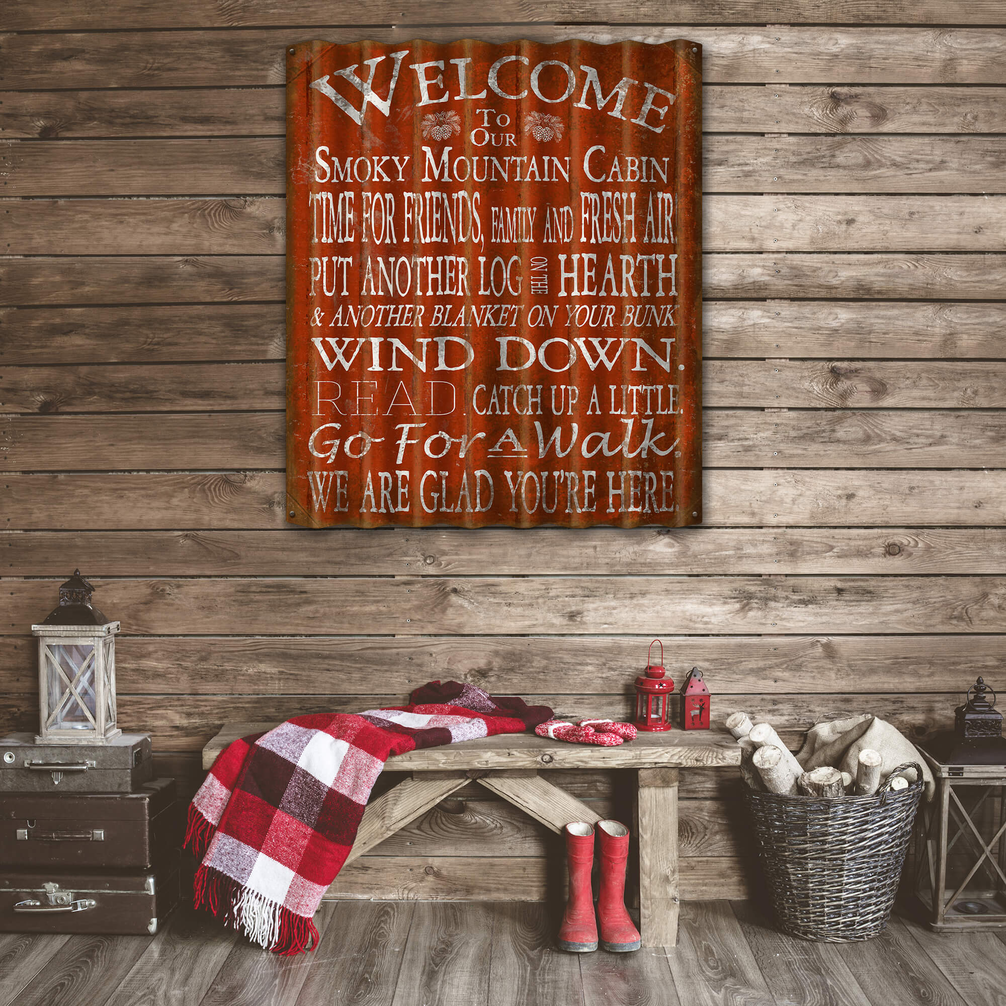 Welcome to the Cabin: 3 Lines - Corrugated Metal Wall Art