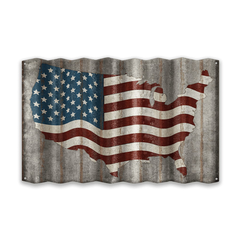 USA Flag: Stars & Stripes Map - Corrugated Metal Wall Art