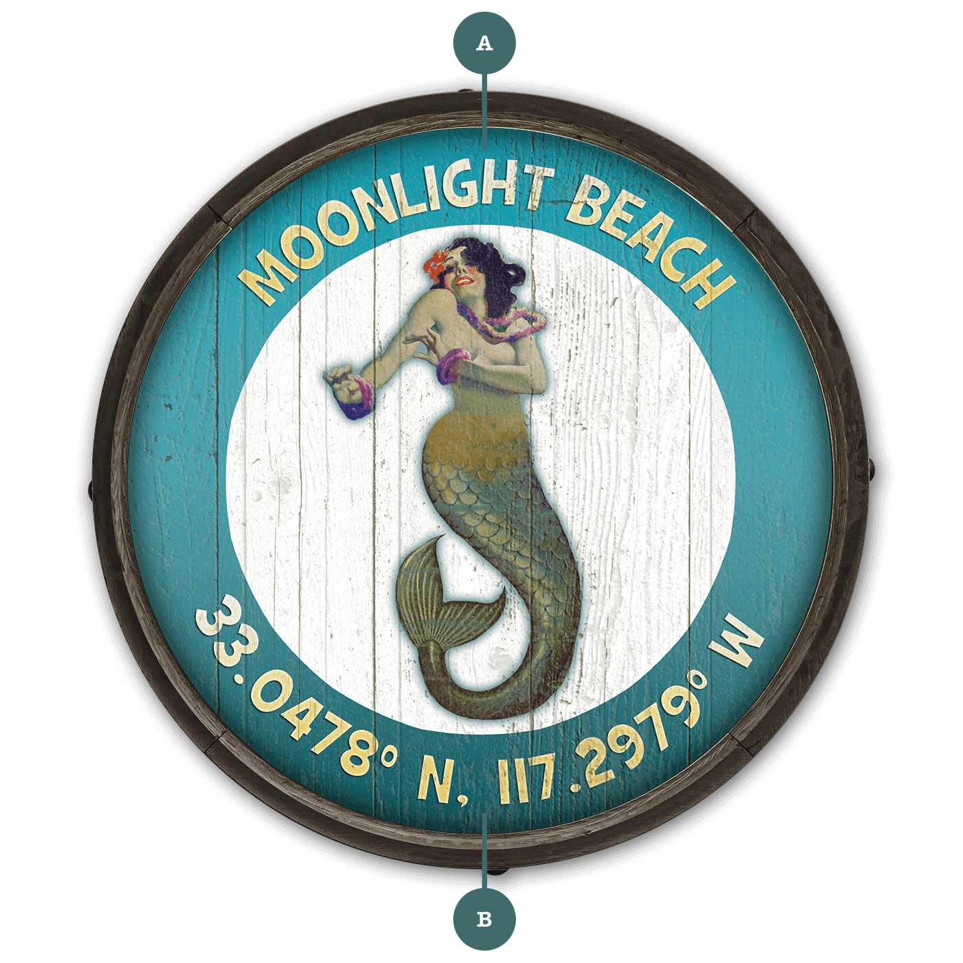 Mermaid Mystique at Moonlight (Coordinates) - Barrel End Wall Art