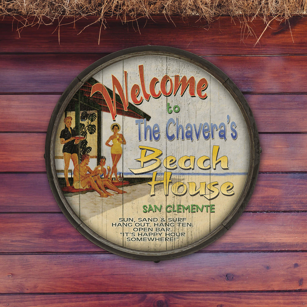 Beach House Welcome: Personalized - Barrel End Wall Art