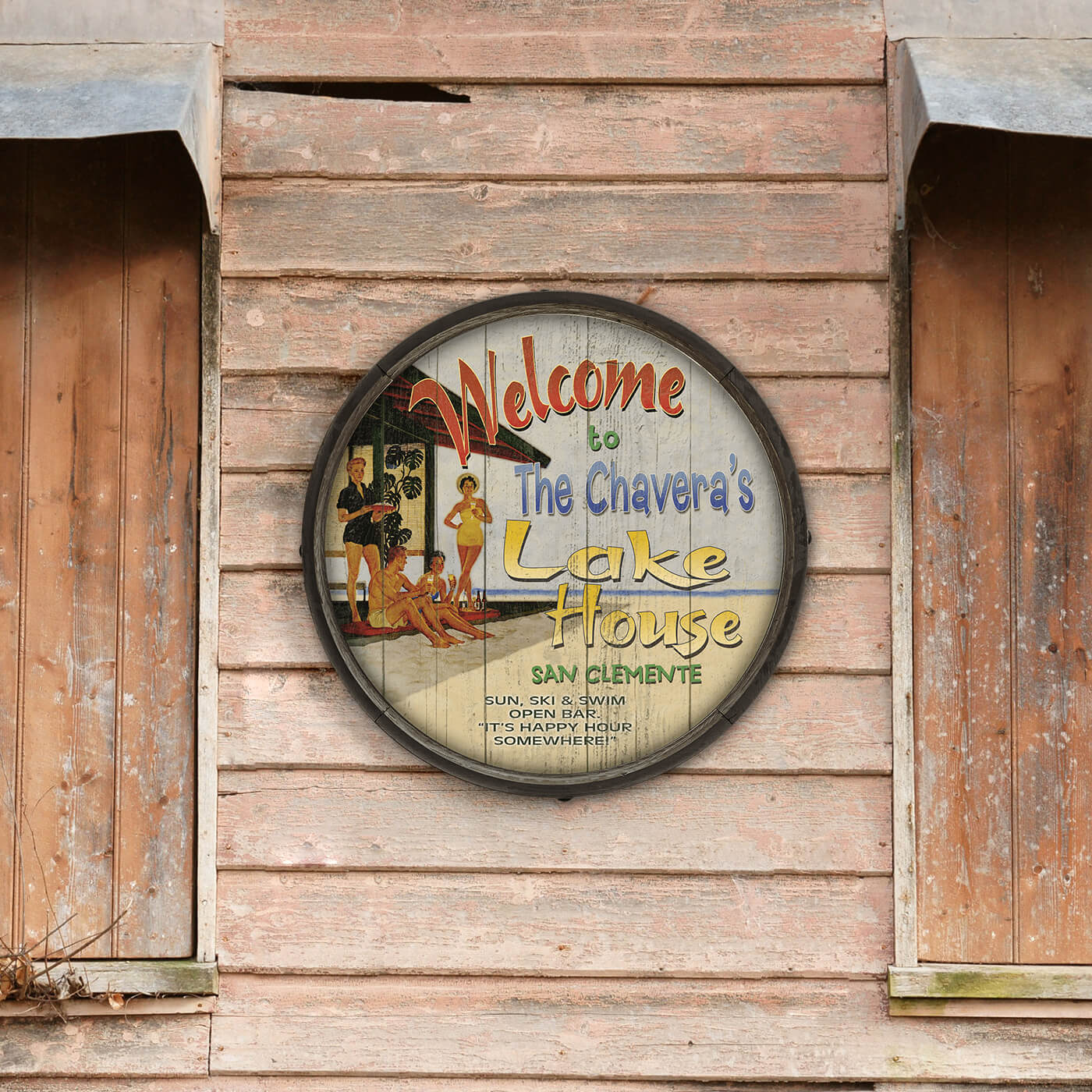 Lake House Welcome: Personalized - Barrel End Wall Art