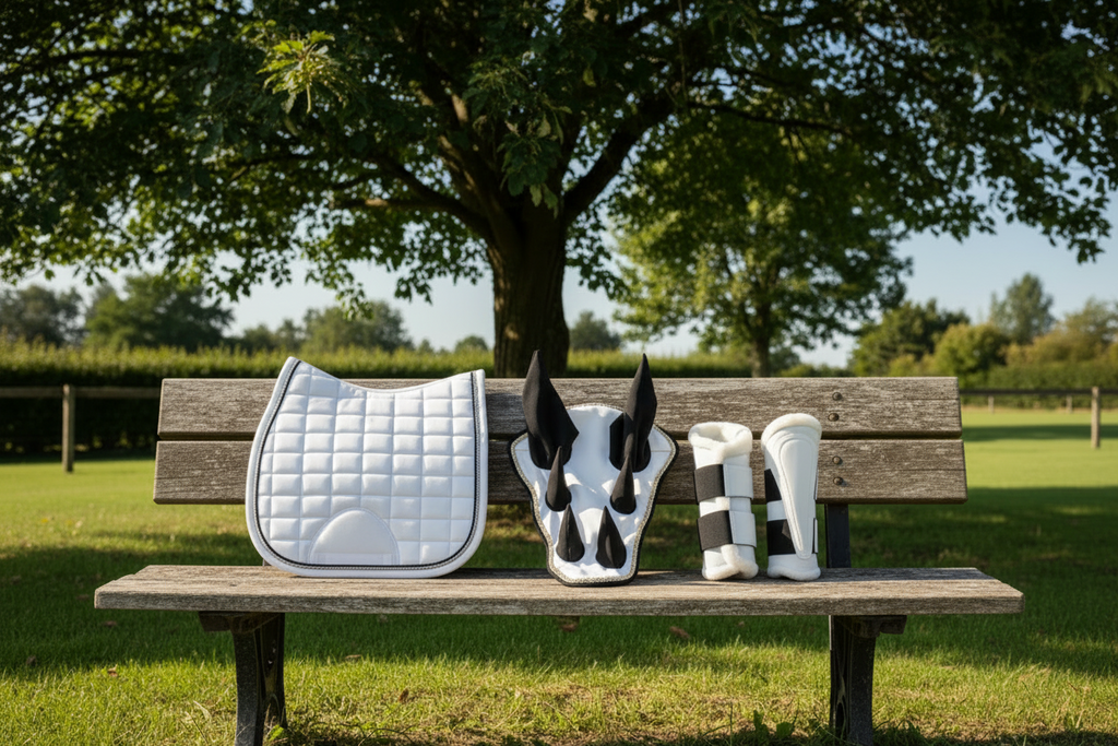 Premium Quality Cotton White Jumping Saddle Pad, Ear Bonnet & Horse Boot Set