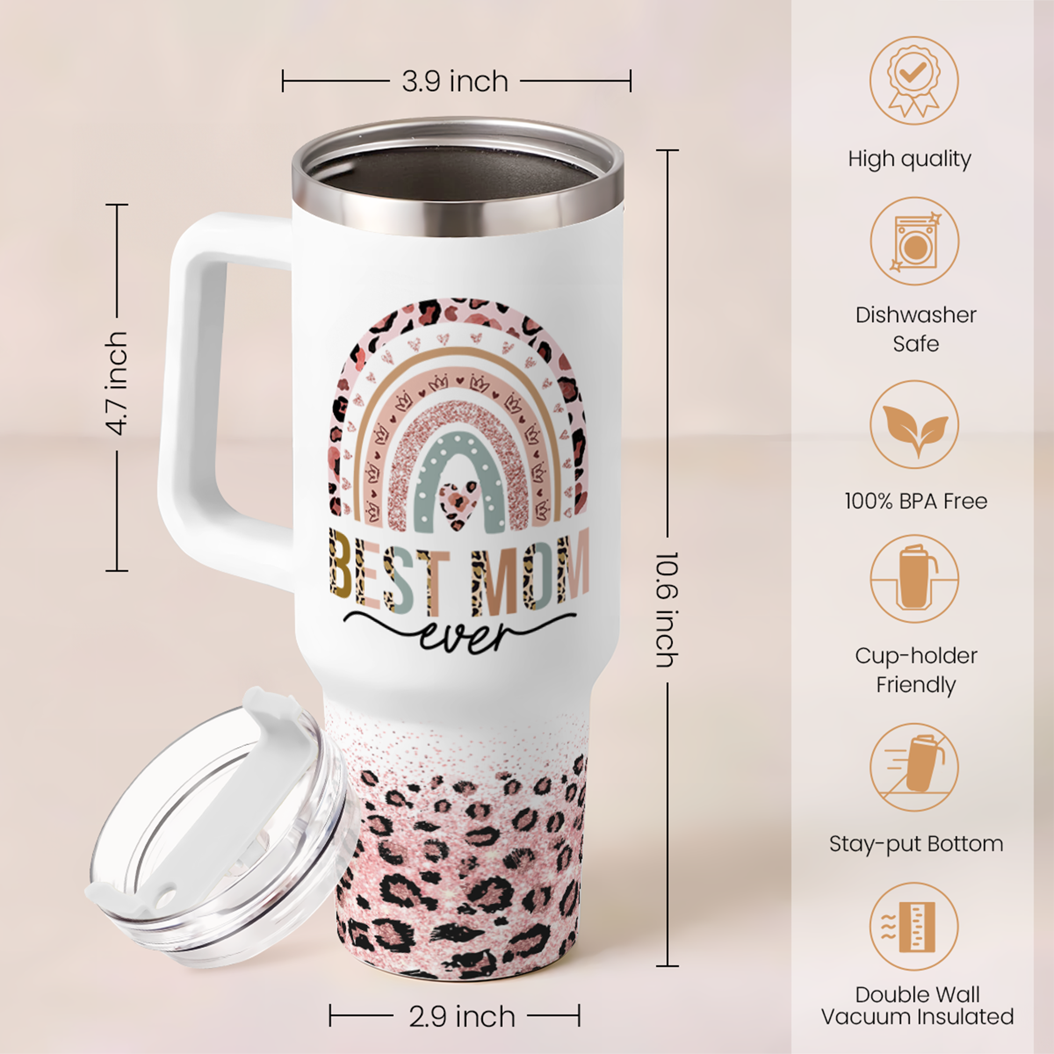 White Best Mom Ever Quencher Tumbler with Handle 40oz