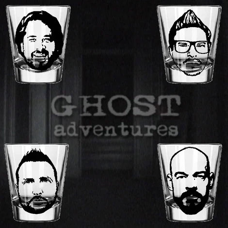 4 Set Ghost Adventures Shot Glasses Barware Horror Halloween Metaphysical