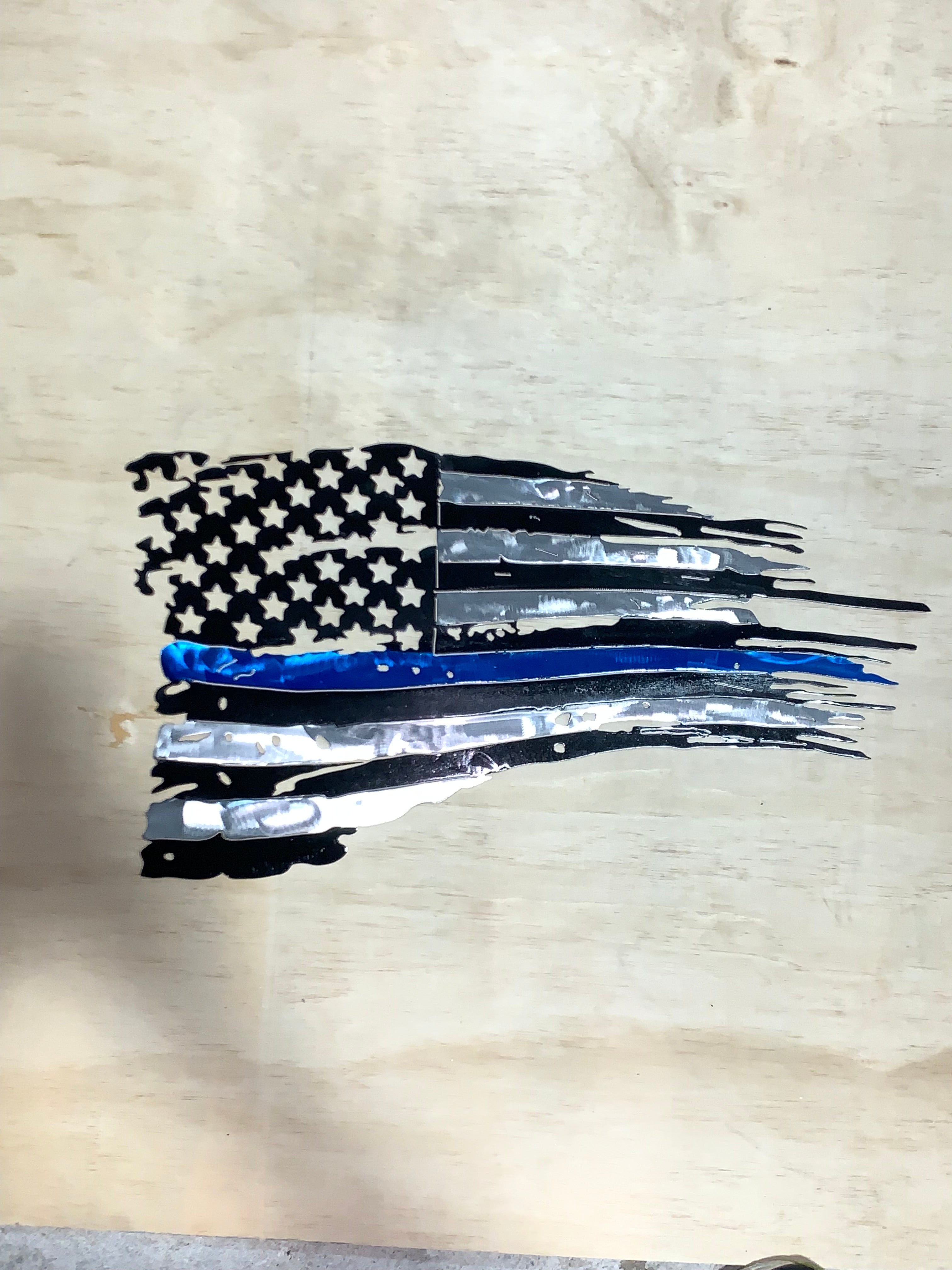 Tattered Thin Blue Line American Flag Custom Metal Wall Art / Back The Blue American Flag