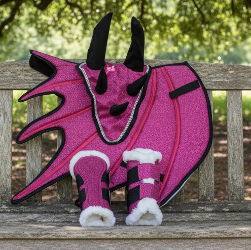 Pink Dragon Saddle Pad Set with Ear Bonnet & Boots