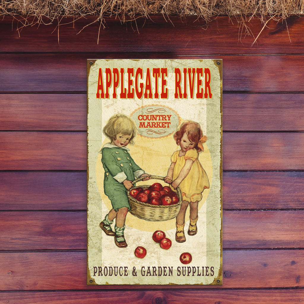 Country Market Kids with Apples - Wood & Metal Wall Art