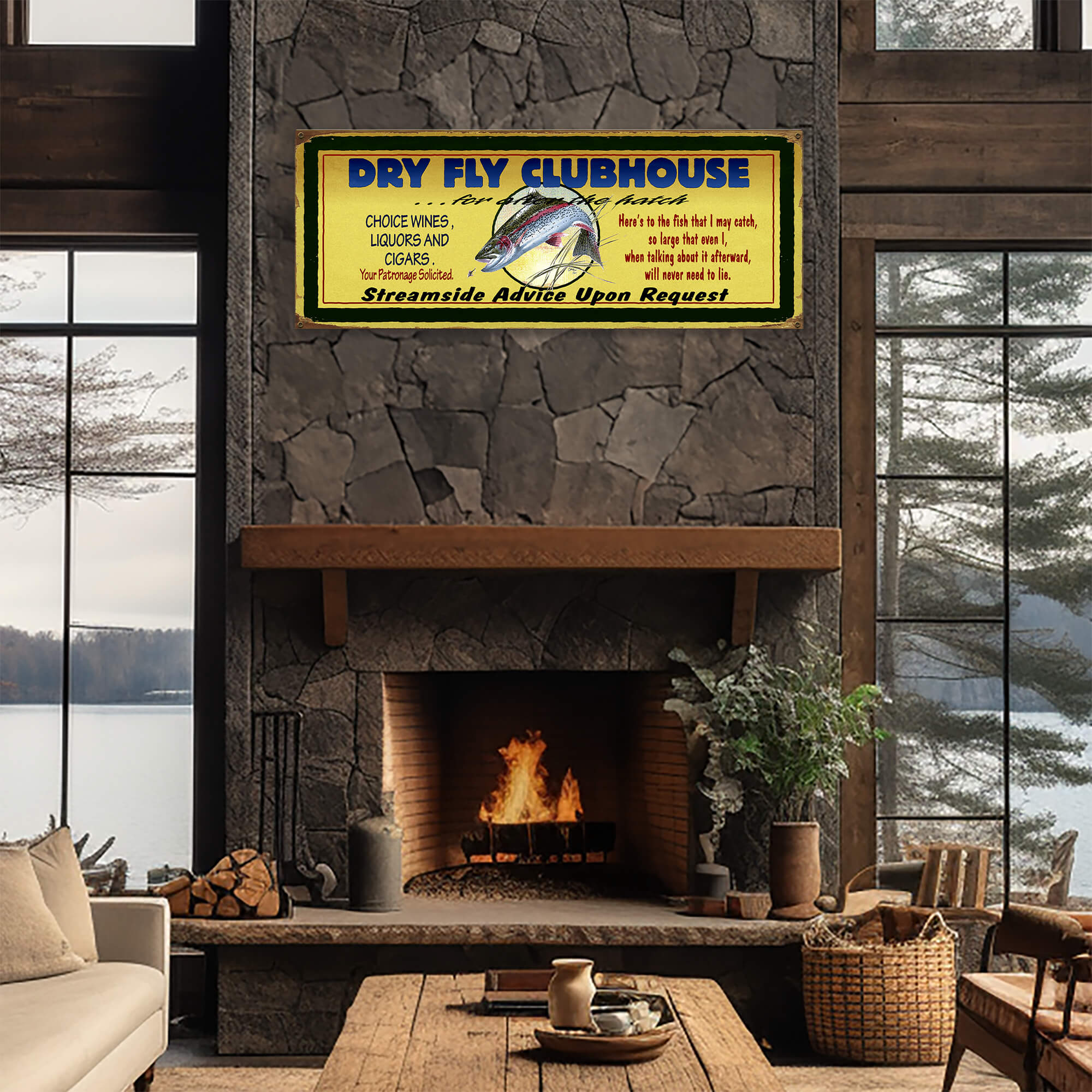 Dry Fly Fisherman's Clubhouse - Wood & Metal Wall Art