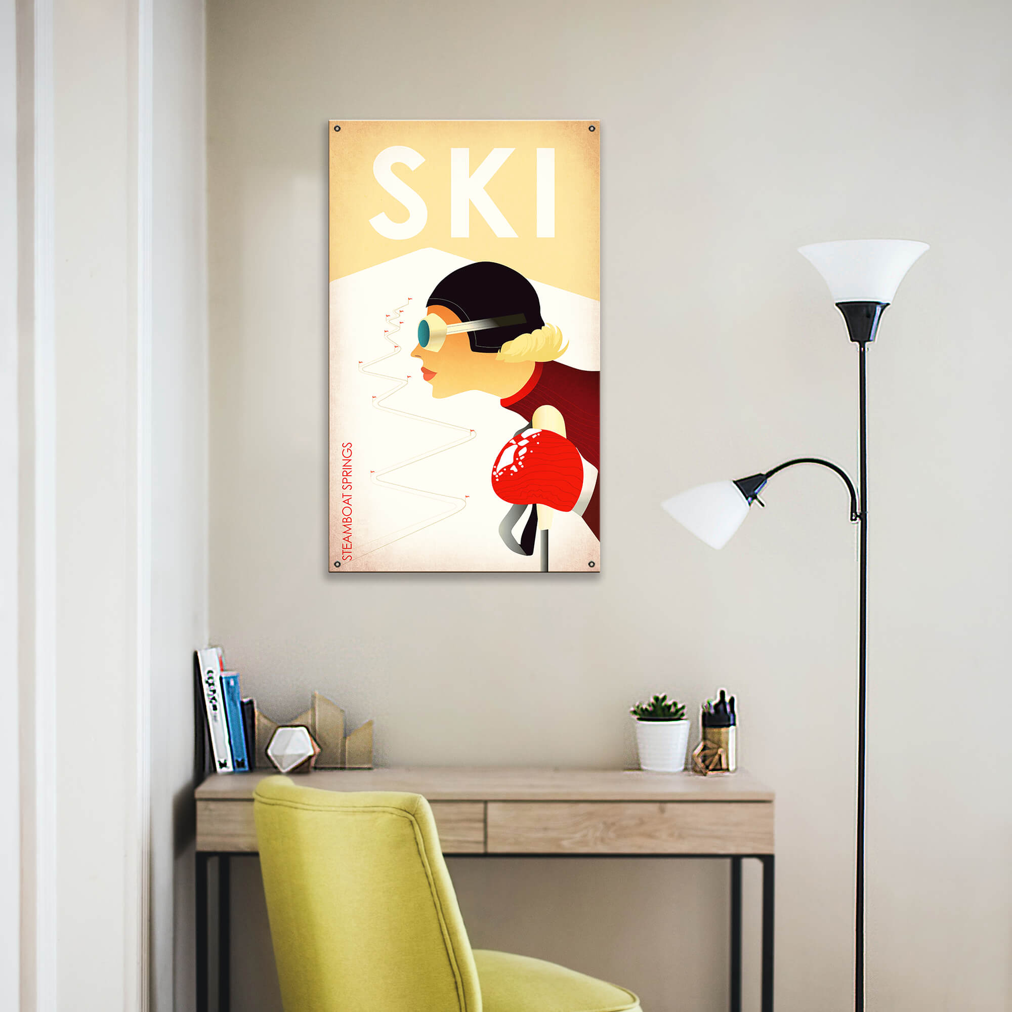 Female Skier Downhill Run - Wood & Metal Wall Art