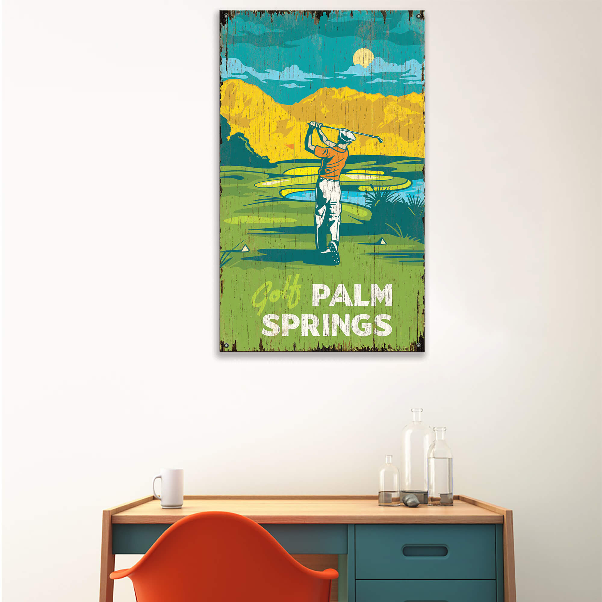 Palm Springs Golf: Distressed Finish - Wood & Metal Wall Art