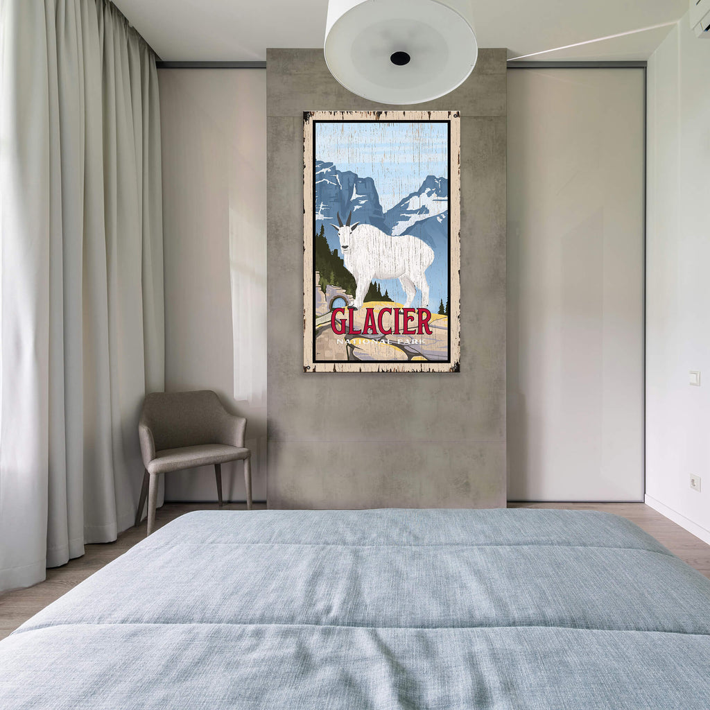 Mountain Goat at Glacier National Park: Distressed Finish - Wood & Metal Wall Art