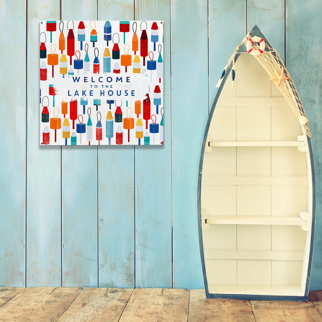 Lake House Buoy Welcome: Square - Wood & Metal Wall Art