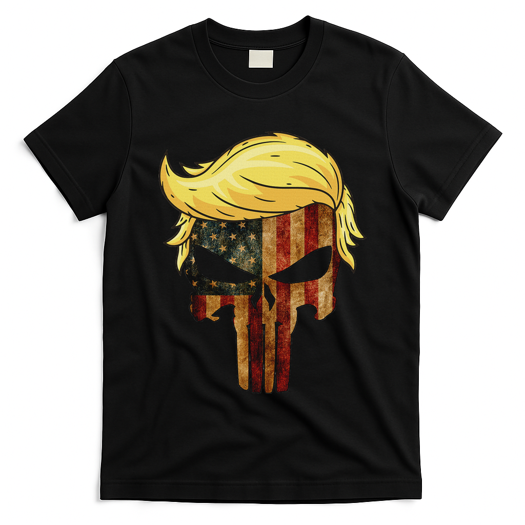 Skull With Iconic Trump Hair American Flag T-Shirt