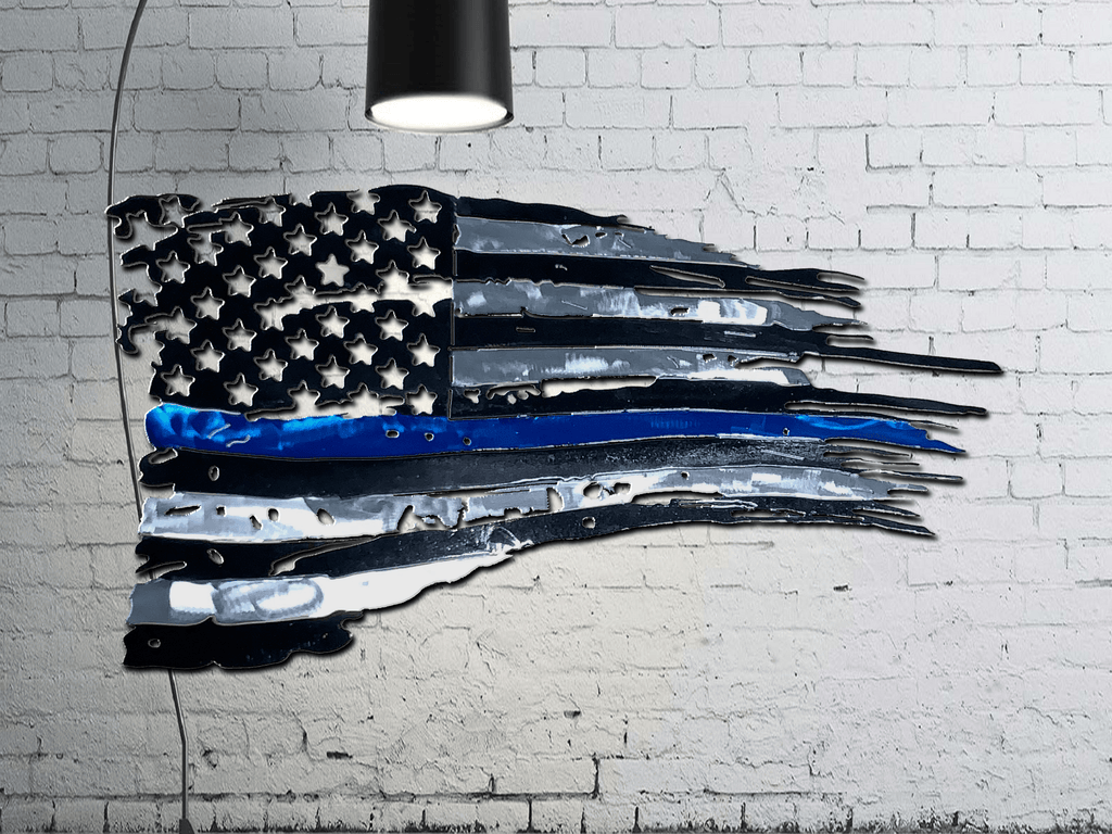 Tattered Thin Blue Line American Flag Custom Metal Wall Art / Back The Blue American Flag