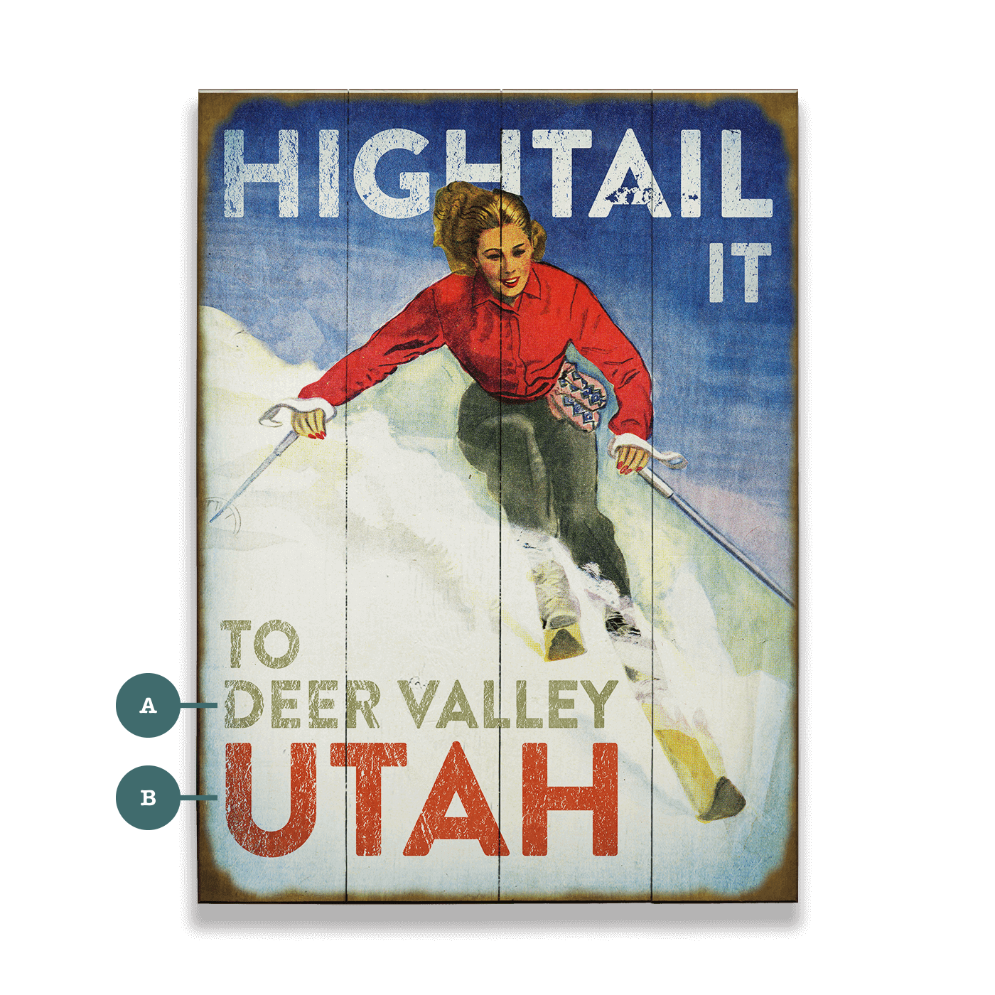 Hightail It: Female Skier - Wood & Metal Wall Art